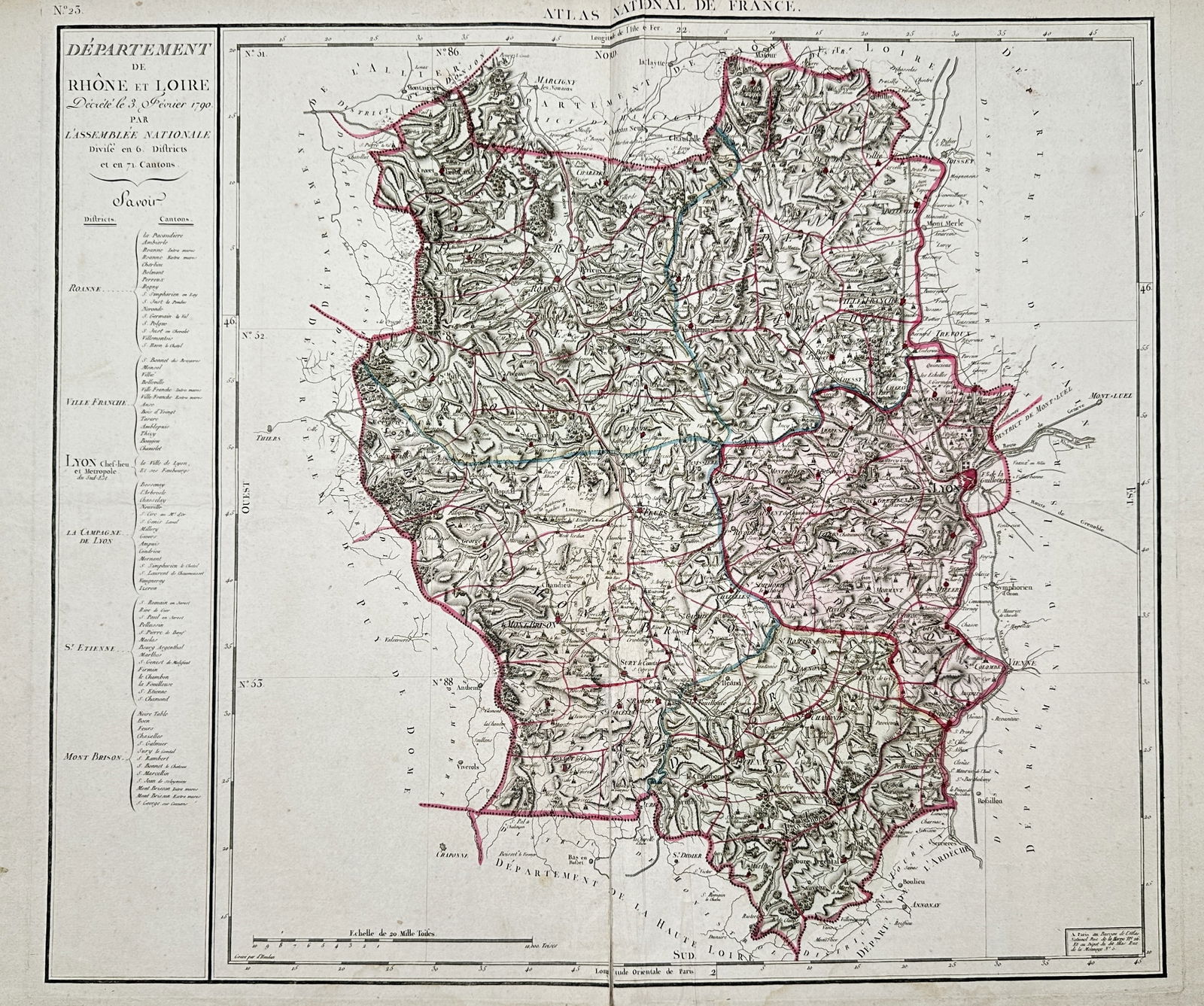 Pierre-Gilles Chanlaire (1758–1817) – Map of the Department of Rhône-et-Loire: "Département de Rhône et Loire" illustrates the administrative division of east-central France as it was established by the National Assembly on February 3, 1790. The map features a highly detailed