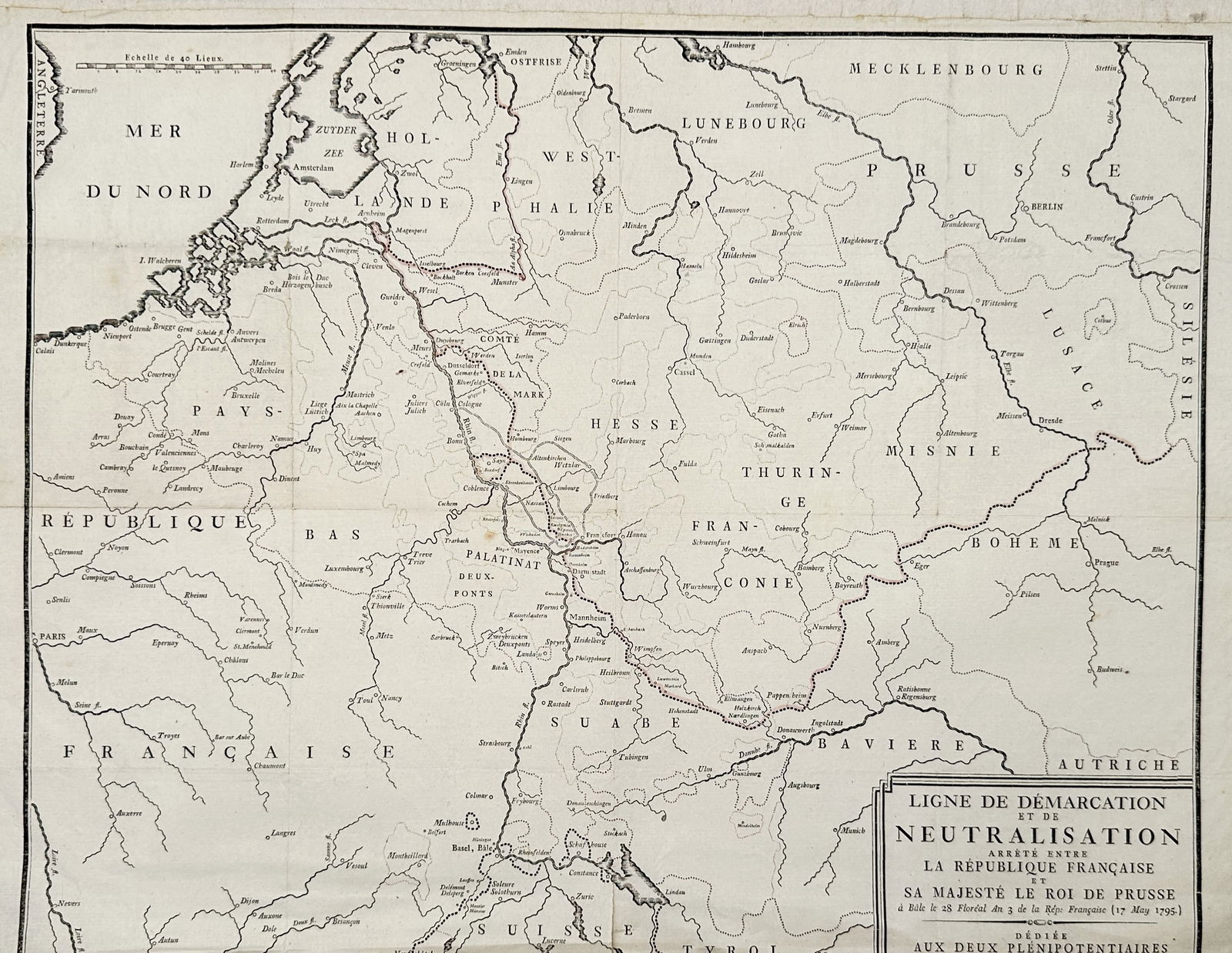 Guillaume Haas Fils (1766–1838) – Map of the Line of Demarcation and Neutralization – Copper: "Ligne de Démarcation et de Neutralisation" illustrates the political boundaries of Northern Germany and the Low Countries established between the French Republic and the King of Prussia. The map fea