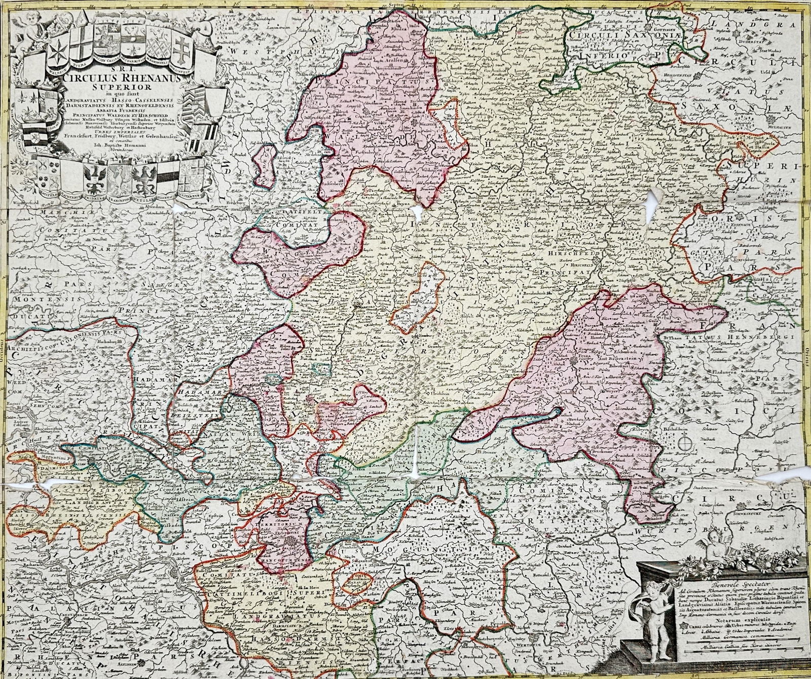 Johann Baptist Homann (1664–1724) – Map of the Upper Rhine Circle – Germany: "S. R. I. Circulus Rhenanus Superior" illustrates the administrative region of the Upper Rhine Circle within the Holy Roman Empire, covering territories such as Hesse, the Palatinate, and parts of Als