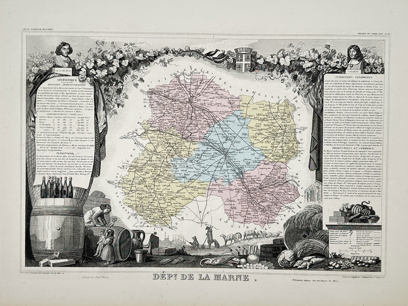 Victor Levasseur (1800–1870) – Map of the Department of Marne – France: "Dépt de la Marne" illustrates the administrative geography of the Marne department in the Grand Est region of northeastern France. The central map features hand-coloured districts in yellow, blue, p