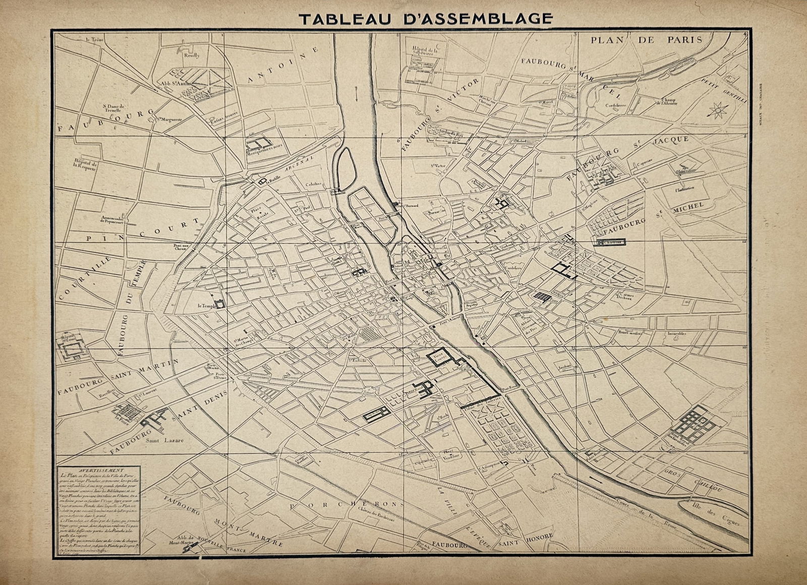 Louis Bretez (1680–1738) – Map of Paris – France – Copper engraving (1739): "Tableau d'Assemblage" illustrates the key plan for the monumental twenty-sheet Plan de Paris, known as the Plan de Turgot. The map features the urban layout of Paris during the reign of Louis XV, ori