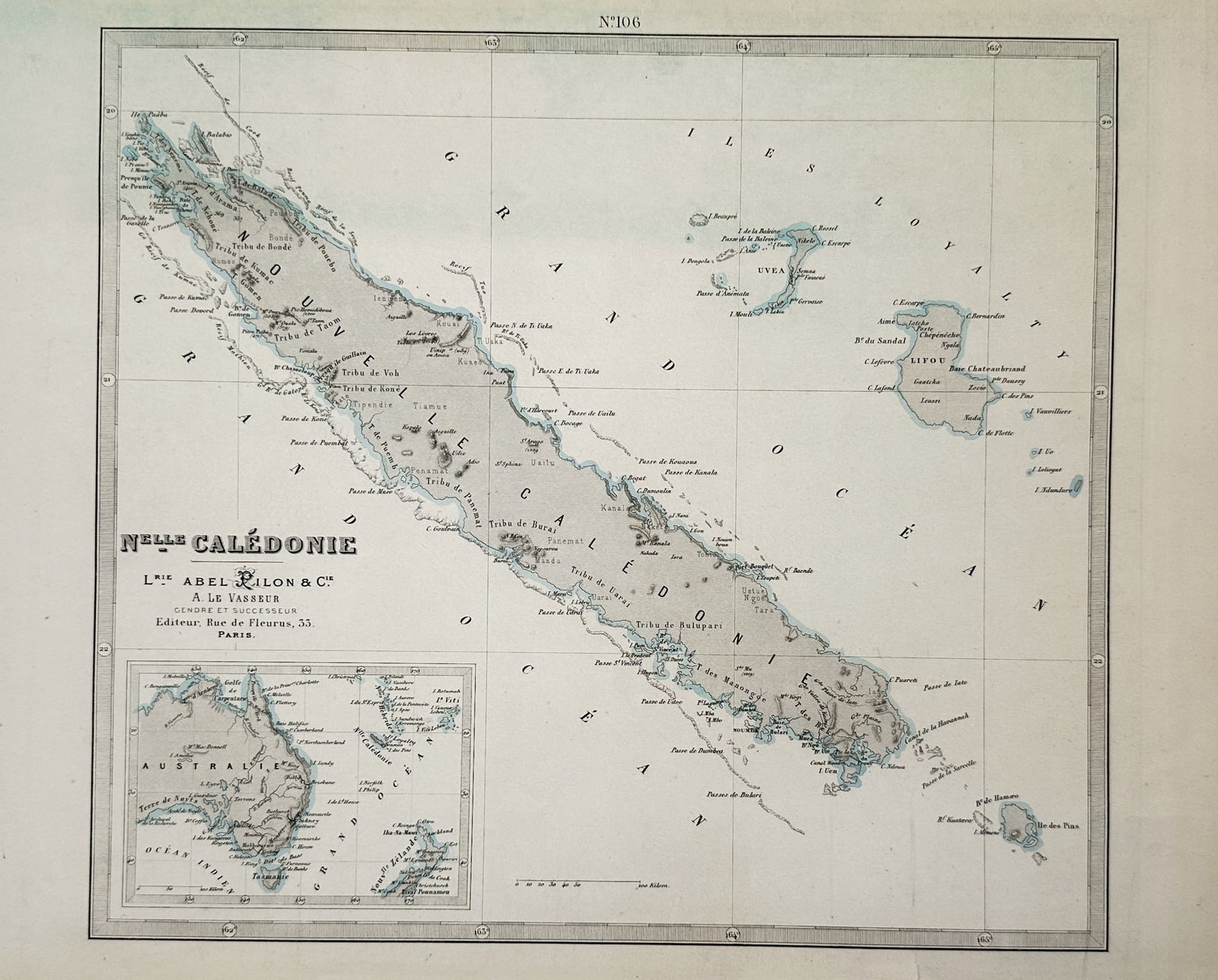 Victor Levasseur (1800–1870) – Map of New Caledonia – France – Hand-coloured steel engraving (1 of 2)
