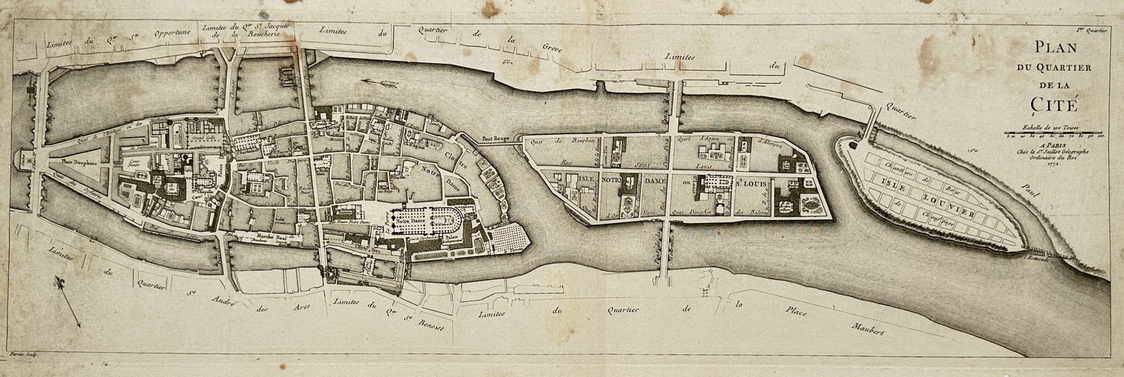Jean-Baptiste-Michel Renou (1740–1807) – Map of the Quarter of the City – France – Copper: "Plan du Quartier de la Cité" illustrates the historic center of Paris, focusing on the Île de la Cité and Île Saint-Louis. The map features the dense urban fabric of the islands, showing major la