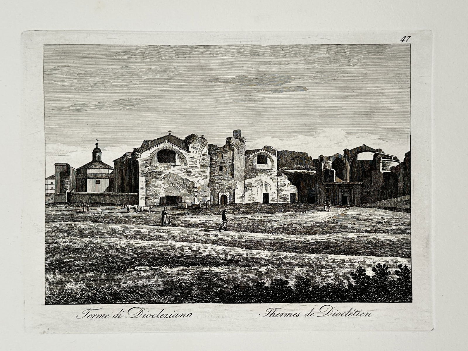 Giovanni Maria Cassini (1745–1824) – View of the Baths of Diocletian – Rome, Italy – Etching: "Terme di Diocleziano / Thermes de Dioclétien" illustrates the sprawling archaeological remains of the ancient Roman public bathing complex as they appeared in the late eighteenth century. The etchin