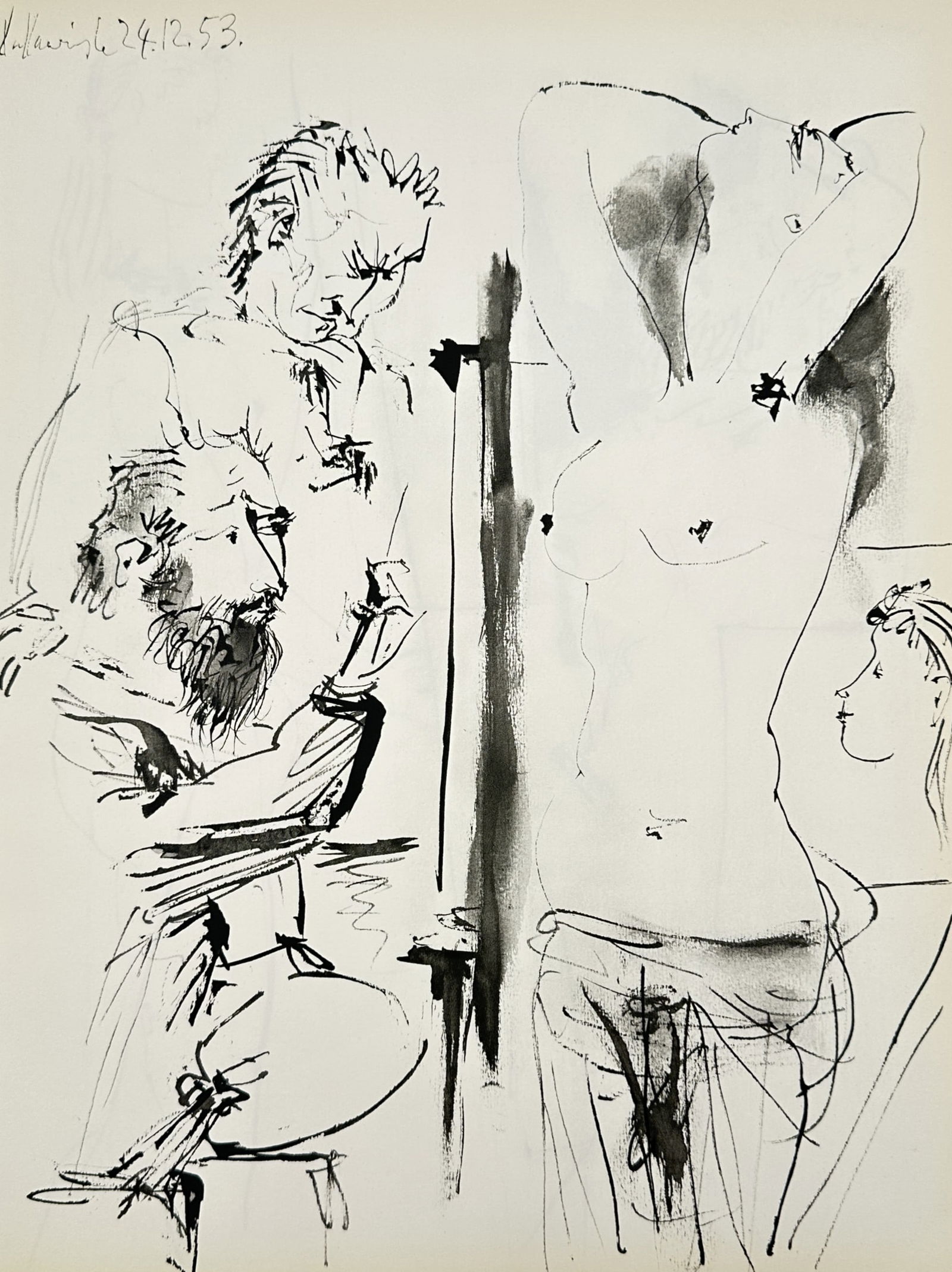 Pablo Picasso (1881–1973), after – Two Artists and a Model – Heliogravure (20th Century): "Two Artists and a Model" illustrates a scene from the artist's studio, featuring a standing nude model posed with her arms raised, while two bearded male figures observe and sketch her form. The work