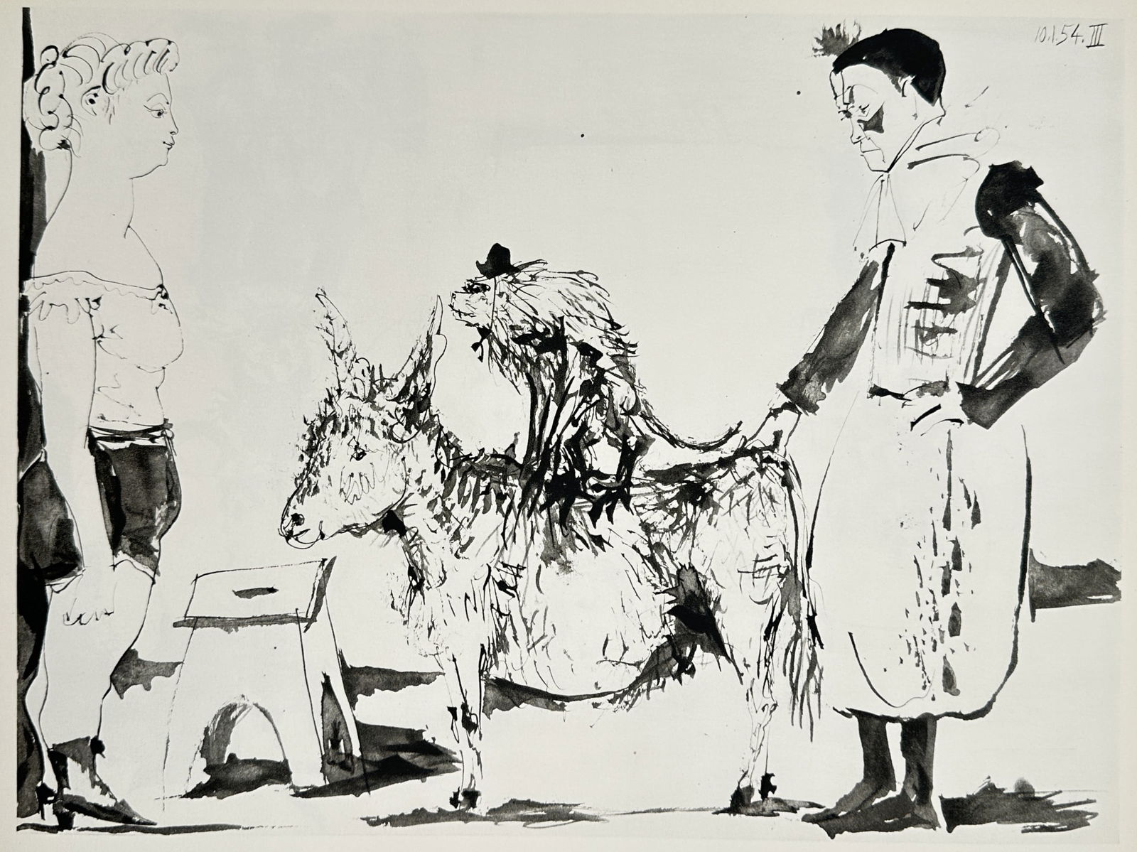 Pablo Picasso (1881–1973), after – Clown, Donkey, and Monkey – Heliogravure (20th Century): "Clown, Ane et Singe" illustrates a whimsical circus scene featuring a standing female figure in a corset and shorts on the left, an ornate clown in traditional costume on the right, and a monkey wear