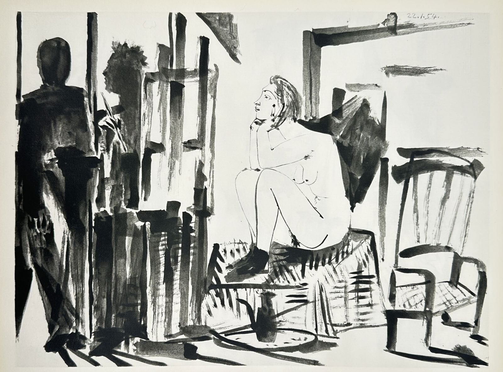 Pablo Picasso (1881–1973), after – Seated Nude in the Studio – Heliogravure (20th Century): "Seated Nude in the Studio" illustrates a contemplative scene within an artist's workspace, featuring a seated nude model resting her chin on her hands while being observed by a silhouetted figure sta