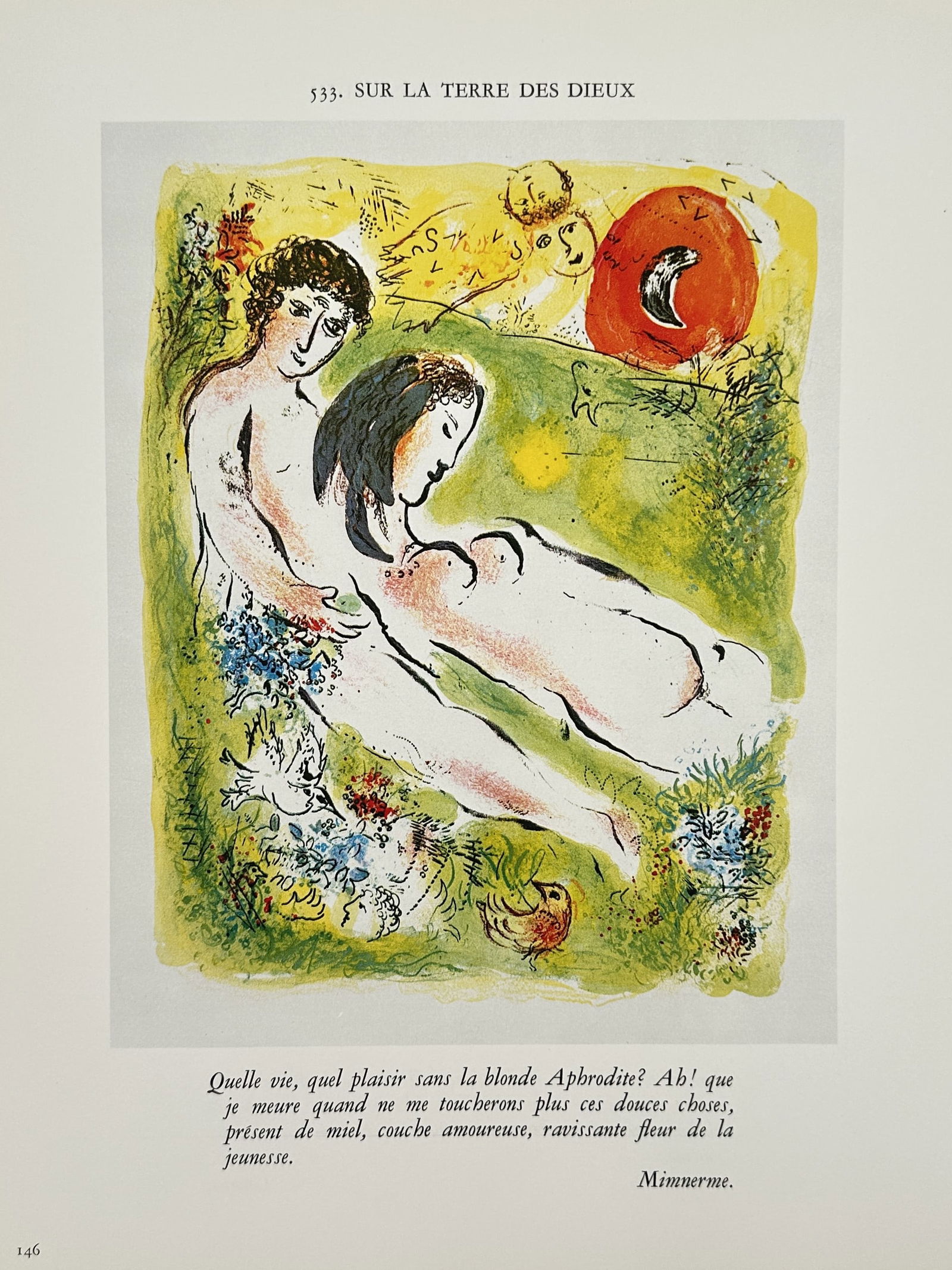Marc Chagall (1887–1985), after – In the Land of the Gods – Offset print (20th Century): "Sur la terre des dieux" illustrates a mythological scene featuring a male and female figure embracing in a lush, green landscape under a vibrant red sun containing a crescent moon. The work includes