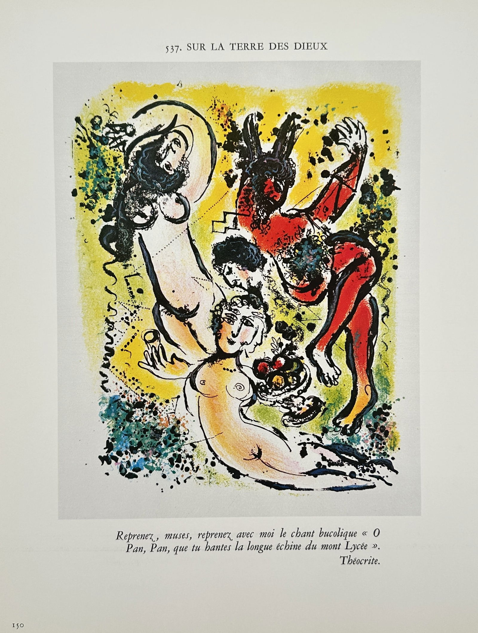 Marc Chagall (1887–1985), after – The Bucolic Chant – Offset print (20th Century): "Reprenez, muses, reprenez avec moi le chant bucolique" illustrates a vibrant mythological scene featuring a gathering of expressive figures amidst a lush, yellow-drenched landscape. The composition i