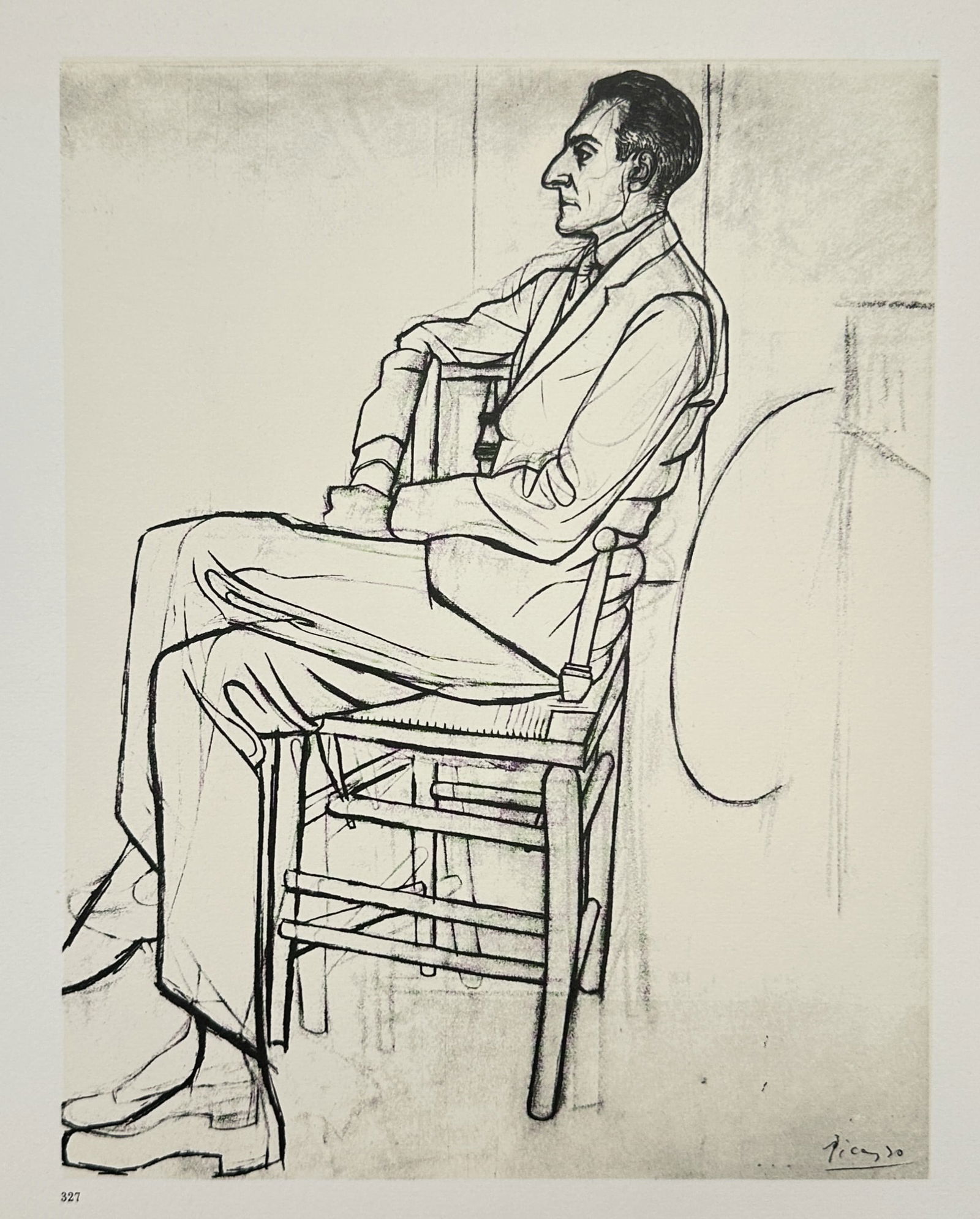 Pablo Picasso (1881–1973), after – Portrait of a Seated Man – Offset print (20th Century): "Portrait of a Seated Man" illustrates a gentleman in a suit and tie, seated in profile on a simple wooden chair. The work is executed in a clean, linear style that emphasizes the subject's sharp feat