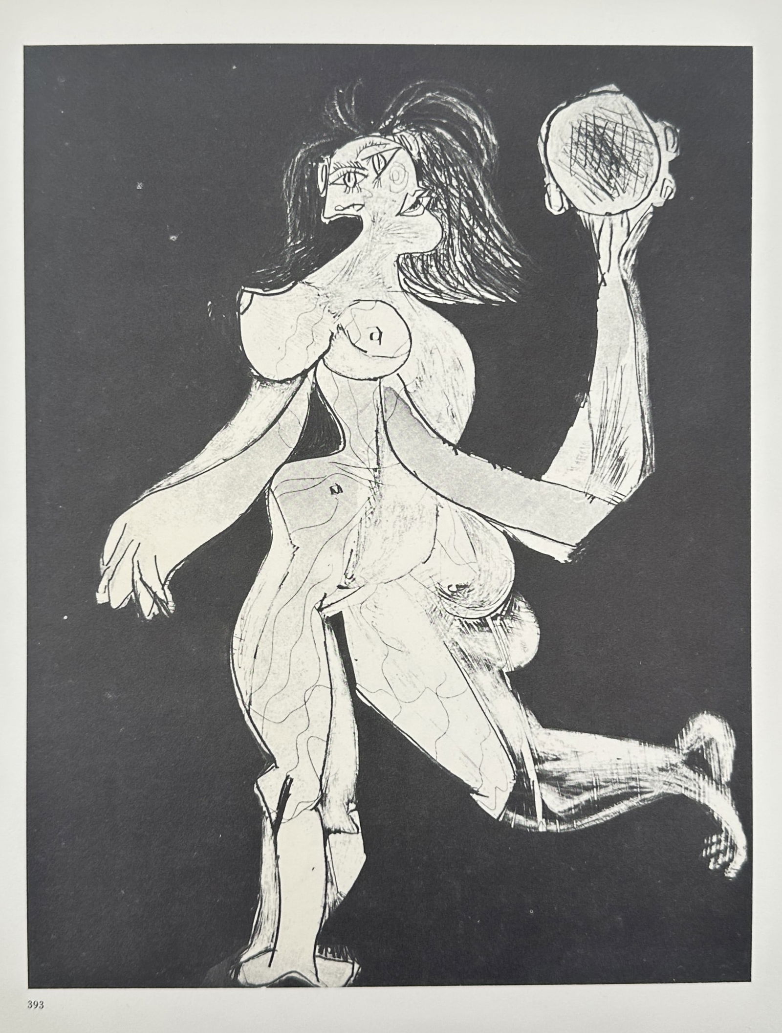 Pablo Picasso (1881–1973), after – Woman with Tambourine – Offset print (20th Century): "Woman with Tambourine" illustrates a dynamic, distorted female figure in motion against a solid black background. The subject is depicted with multiple limbs and a fractured facial profile, character
