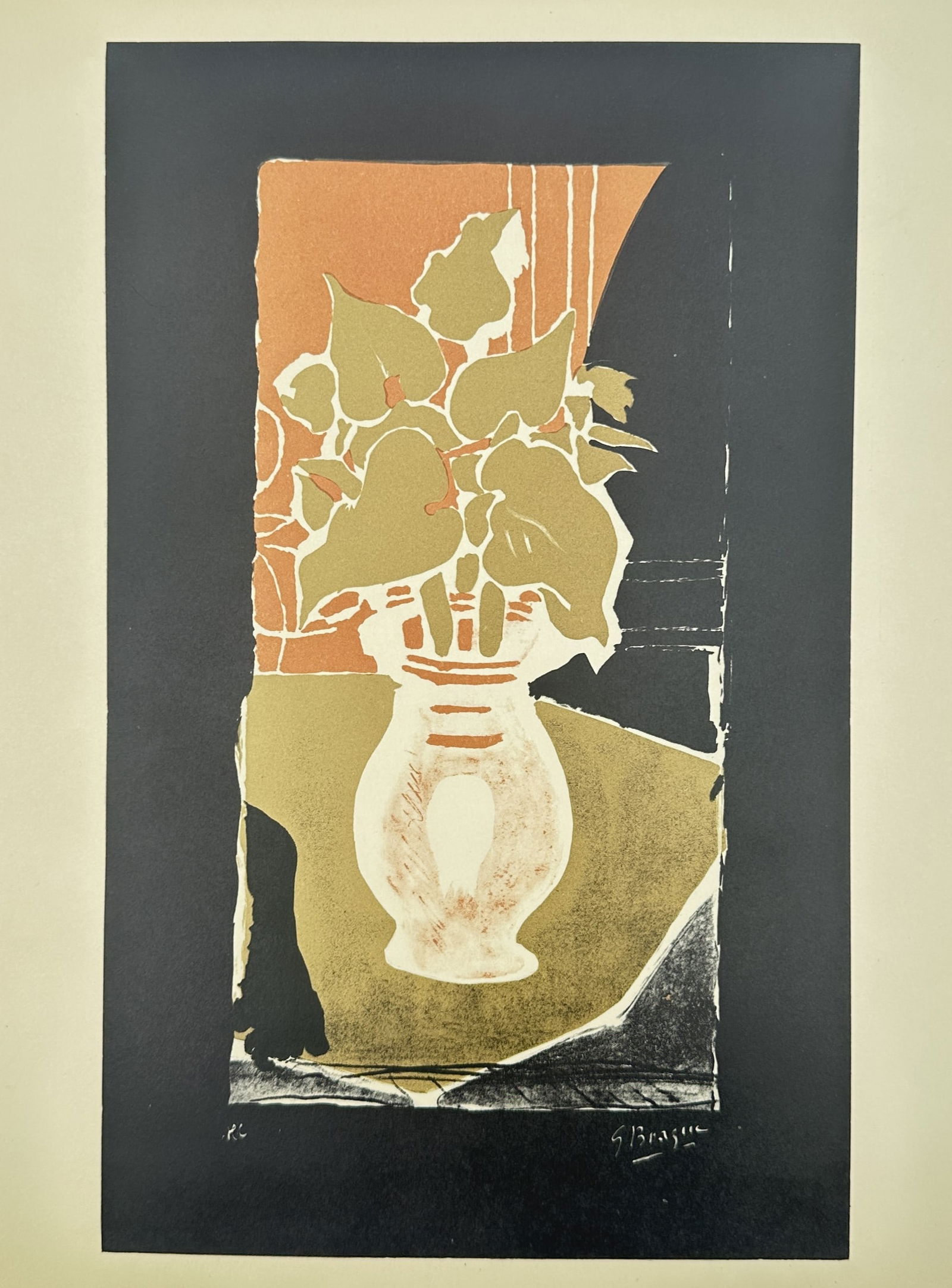 Georges Braque (1882–1963), after – Ivy in a Vase – Offset print (20th Century): "Le Lierre" illustrates an organic still life featuring a cluster of ivy leaves emerging from a bulbous vase set upon a tabletop. The work is rendered with simplified, flattened forms in earthy tones