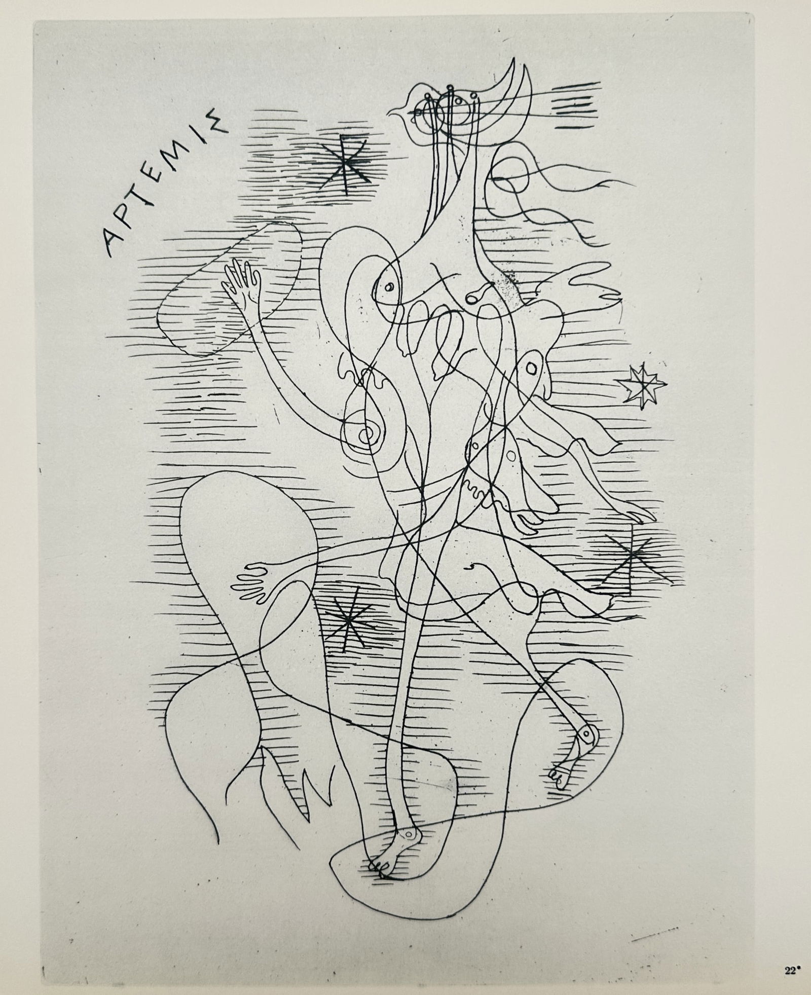 Georges Braque (1882–1963), after – Artemis – Offset print (20th Century): "Artemis" illustrates a complex linear composition featuring a central, ethereal figure rendered in a continuous, flowing line style. The work depicts the Greek goddess as a bird-like or celestial ent