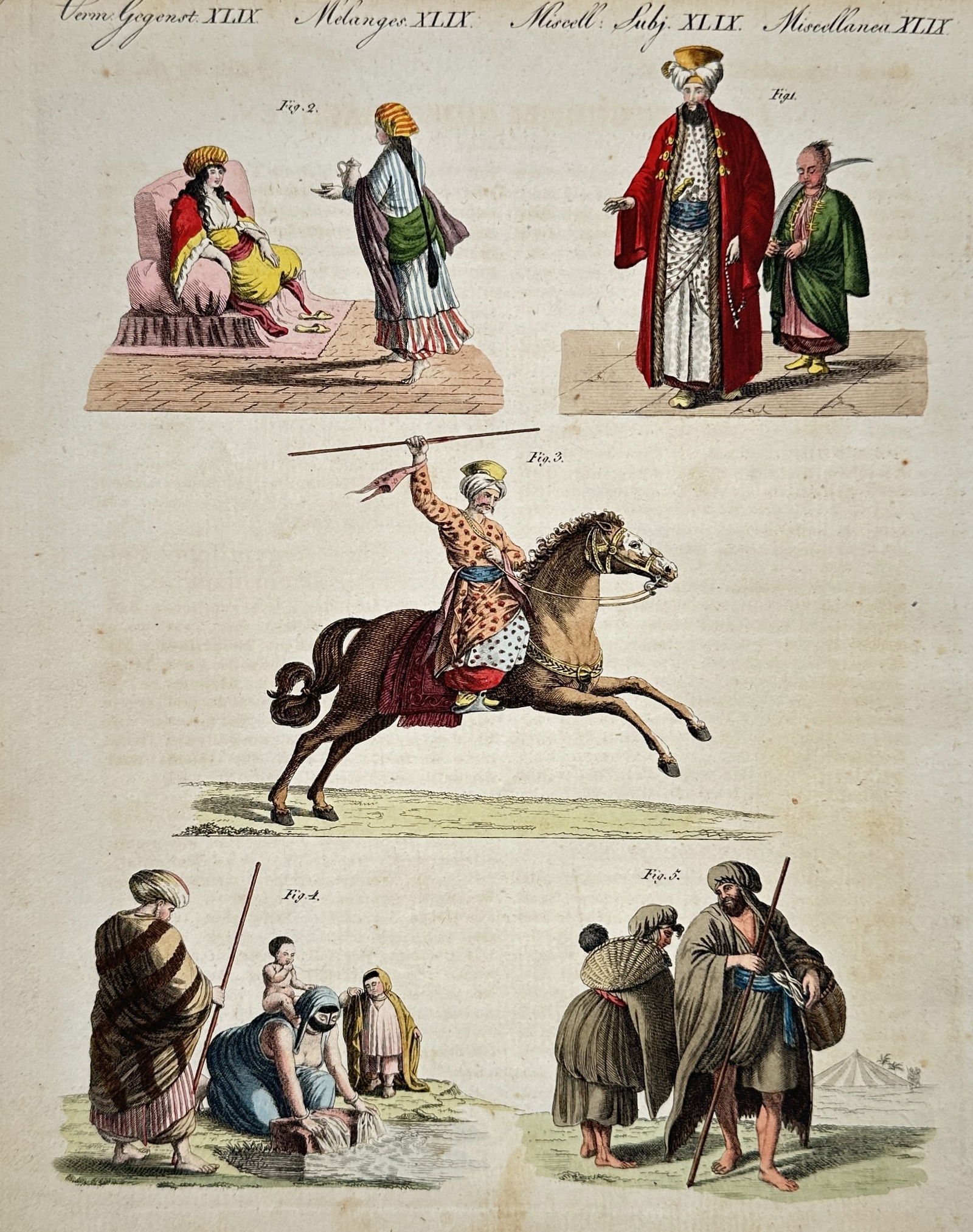 Friedrich Justin Bertuch – Studies of Turkish and Arab Life – Hand-coloured etching (1805): "Verm. Gegenst. XLIX. Melanges XLIX. Miscell. Subj. XLIX. Miscellanea XLIX." This print illustrates various scenes of Middle Eastern life, including a seated royal figure attended by a servant, a high
