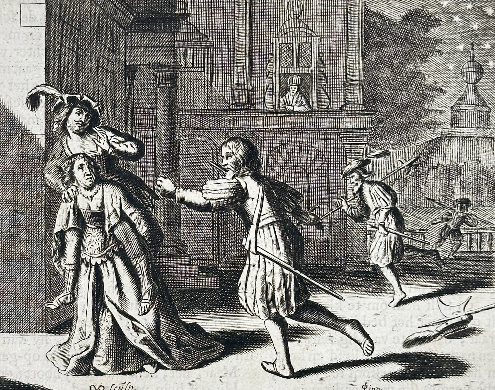 Jacob Cats (1577–1660) – The Maid of the Mandrake – Woodcut (1658): "Mandragende Maeght." This print illustrates a dramatic seventeenth-century interior scene where a man in contemporary Dutch attire gestures toward a woman kneeling before him in a state of distress,