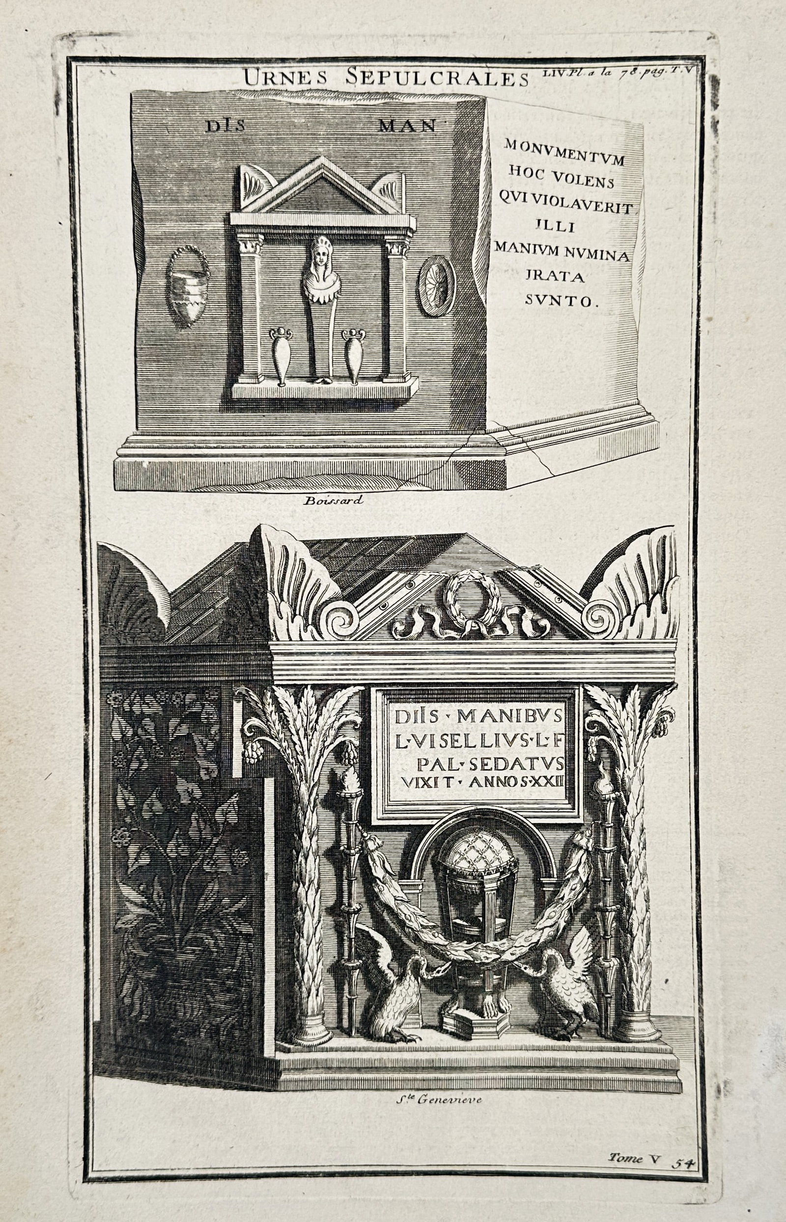 Bernard de Montfaucon (1655–1741) – Two Sepulchral Urns – Engraving (1719) (1 of 2)