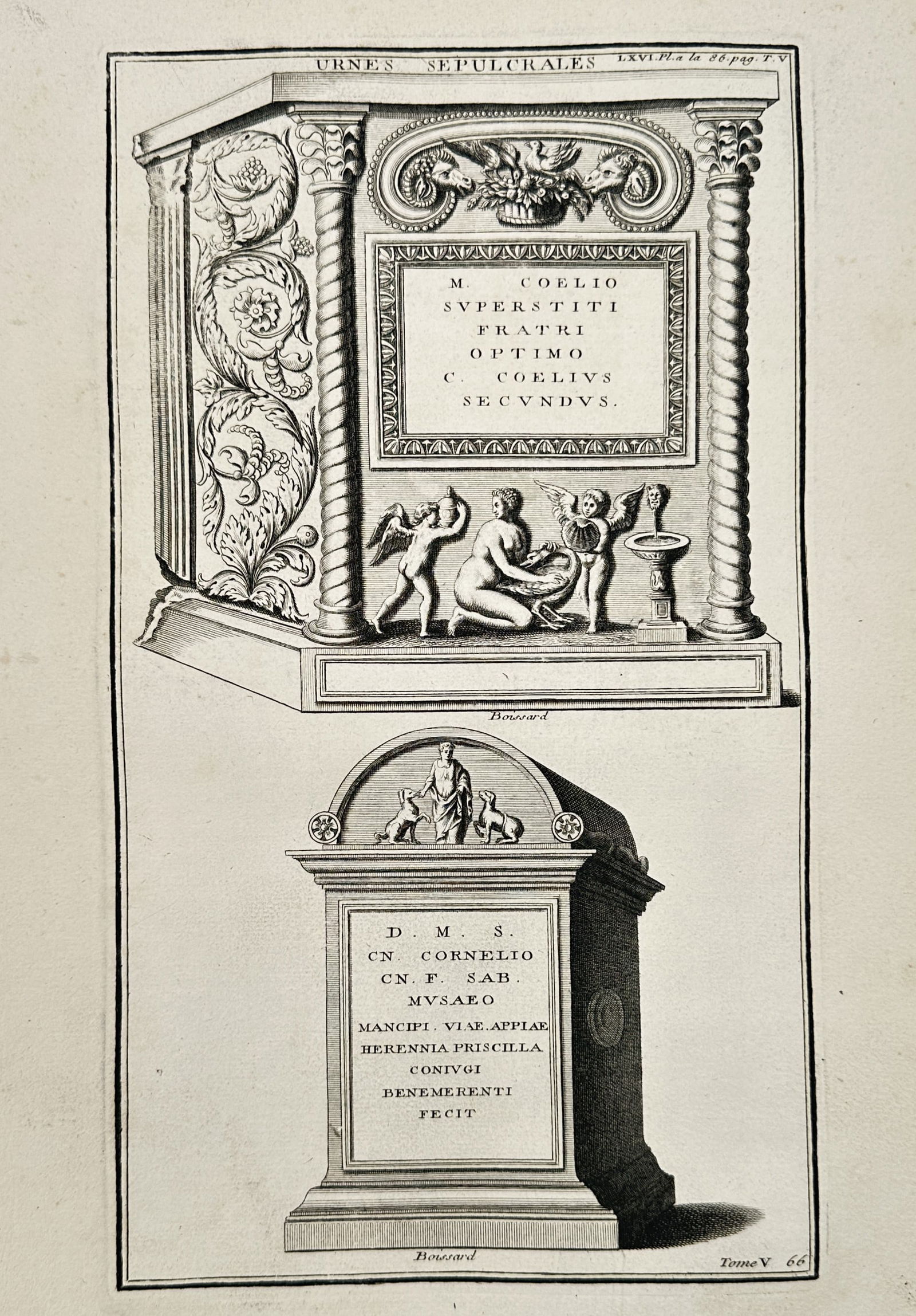 Bernard de Montfaucon (1655–1741) – Study of Urns – Engraving (1719): "Urnes Sepulcrales." This print illustrates two distinct ancient Roman funerary monuments, or sarcophagi, presented in a stacked vertical arrangement. The upper study features a large rectangular tomb