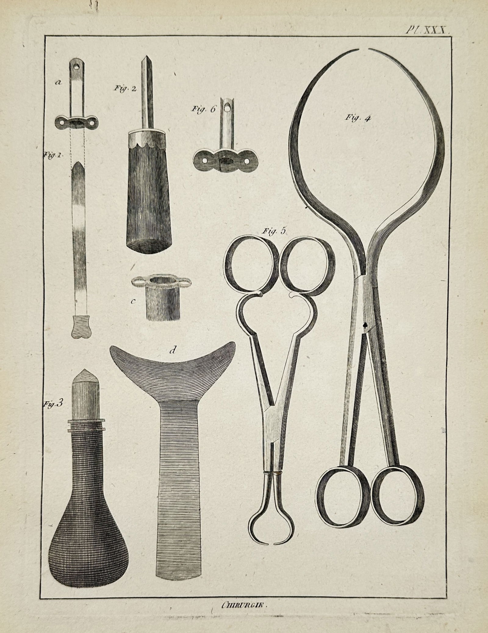 Robert Benard (1734–1777) – Study of Surgical Instruments – Engraving (1771): "Chirurgie." This print illustrates several eighteenth-century medical tools, including a long-handled dilator, specialized surgical scissors with ringed grips, and various fine metal probes. The comp