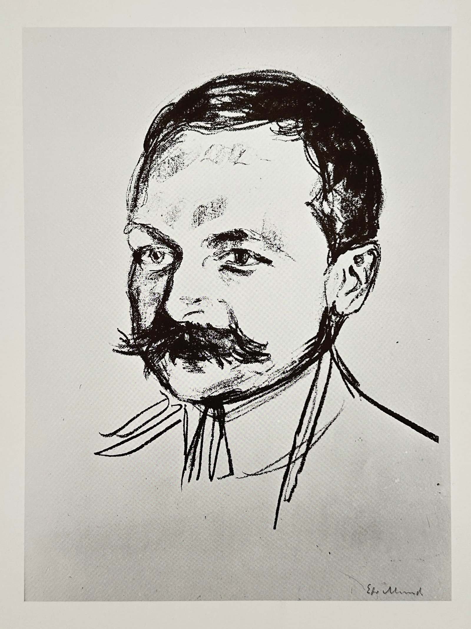 Edvard Munch (1863–1944), after – Portrait of a Man – Offset print (20th Century): "Portrait of a Man" presents a head-and-shoulders study of a male figure with a prominent mustache, rendered with the loose, expressive lines characteristic of Munch's lithographic style. This offset