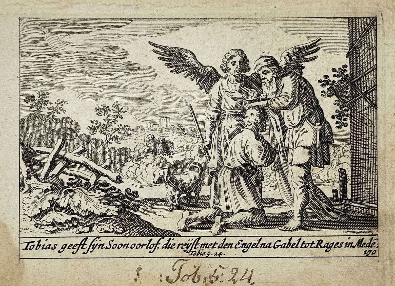 Pieter Schut (1618–1660) – Tobias Taking Leave of His Father – Engraving (1659): "Tobias geeft sijn Soon oorlof, die reyst met den Engel na Gabel tot Rages in Mede" illustrates the biblical scene of the young Tobias kneeling before his father, Tobit, to receive a blessing before h