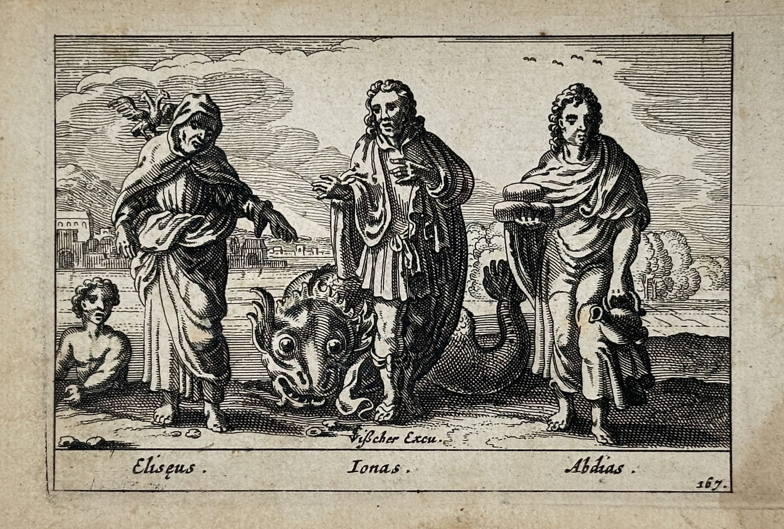 Pieter Schut (1618–1660) – The Prophets Elisha, Jonah, and Obadiah – Engraving (1659): "Eliseus, Ionas, Abdias" depicts the three biblical prophets standing in a landscape. Jonah is shown in the center with the sea monster, while Elisha and Obadiah are positioned on either side with the