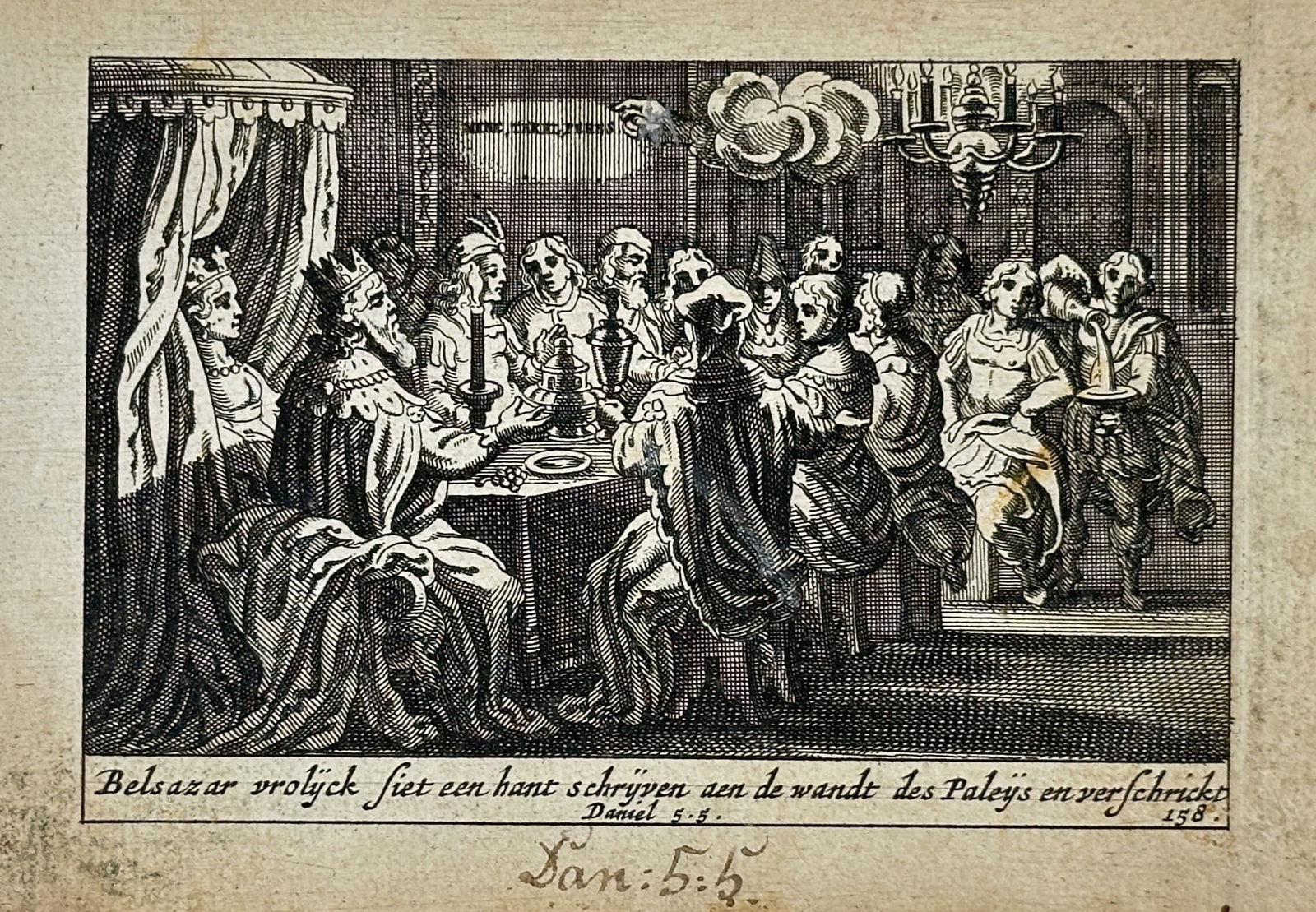Pieter Schut (1618–1660) – Belshazzar's Feast – Engraving (1659): "Belsazar vrolyck siet een hant schryven aen de wandt des Paleys en verschrickt" depicts the biblical scene where King Belshazzar and his guests are terrified by a disembodied hand writing on the pala