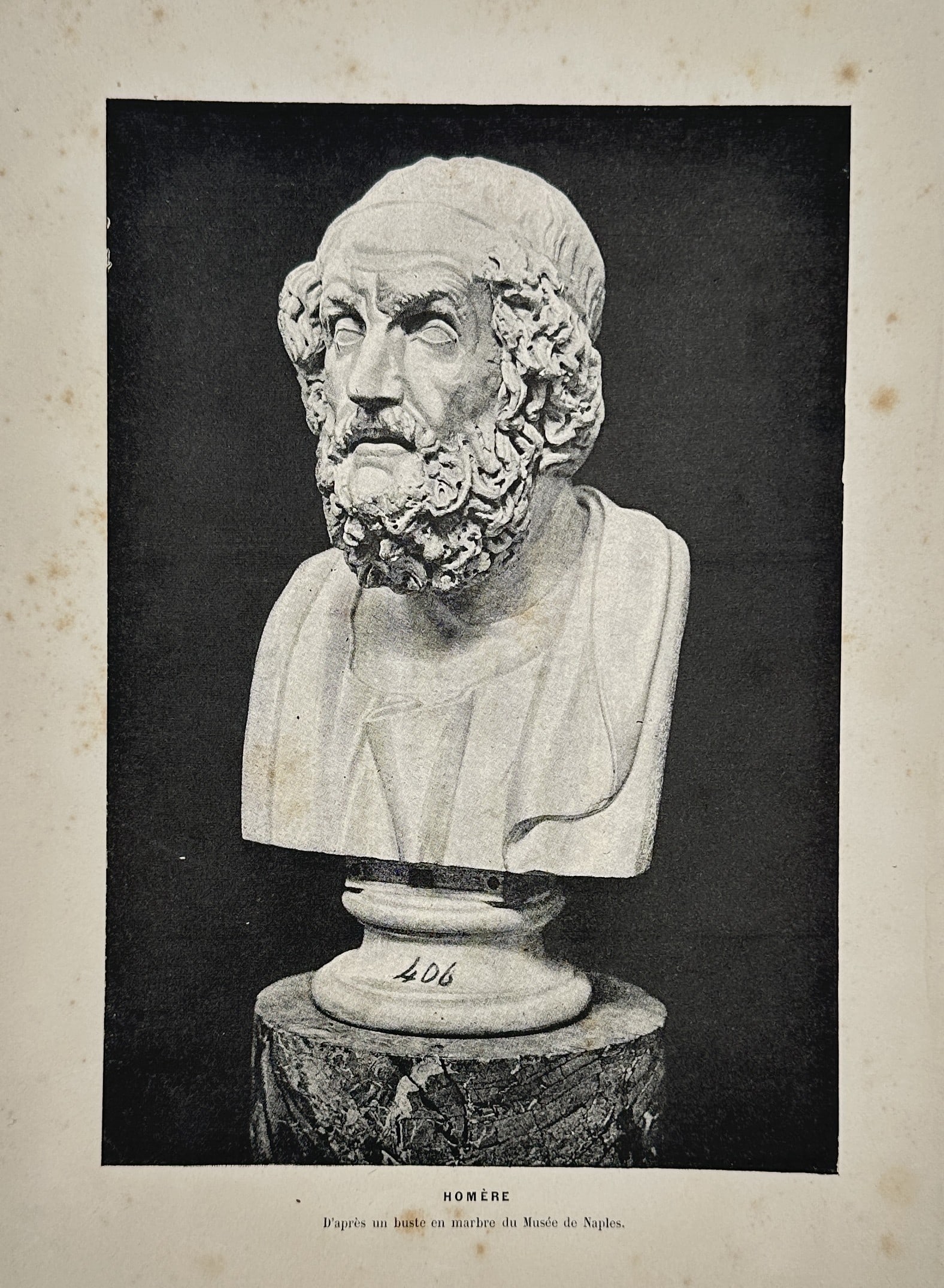 Philippe Sellier (1845–1912) – Portrait of Homer – Wood engraving (1881): "Homère" presents a classical bust of the epic poet, depicted with a full beard and headband, based on a marble original housed in the National Archaeological Museum of Naples. This wood engraving wa