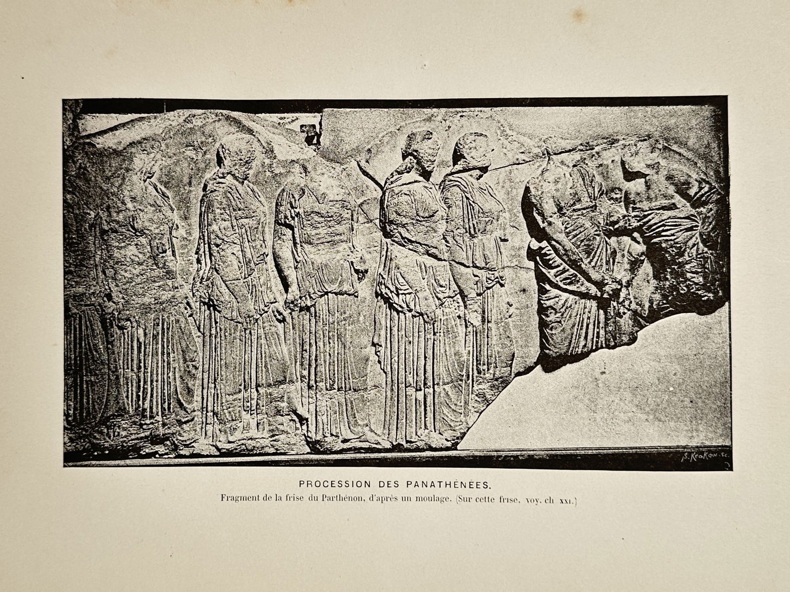 Philippe Sellier (1845–1912) – The Panathenaic Procession – Wood engraving (1881): "Procession des Panathenees" illustrates a segment of the Parthenon frieze, depicting several female figures in classical drapery moving in a ritual line. This wood engraving was published in Paris by