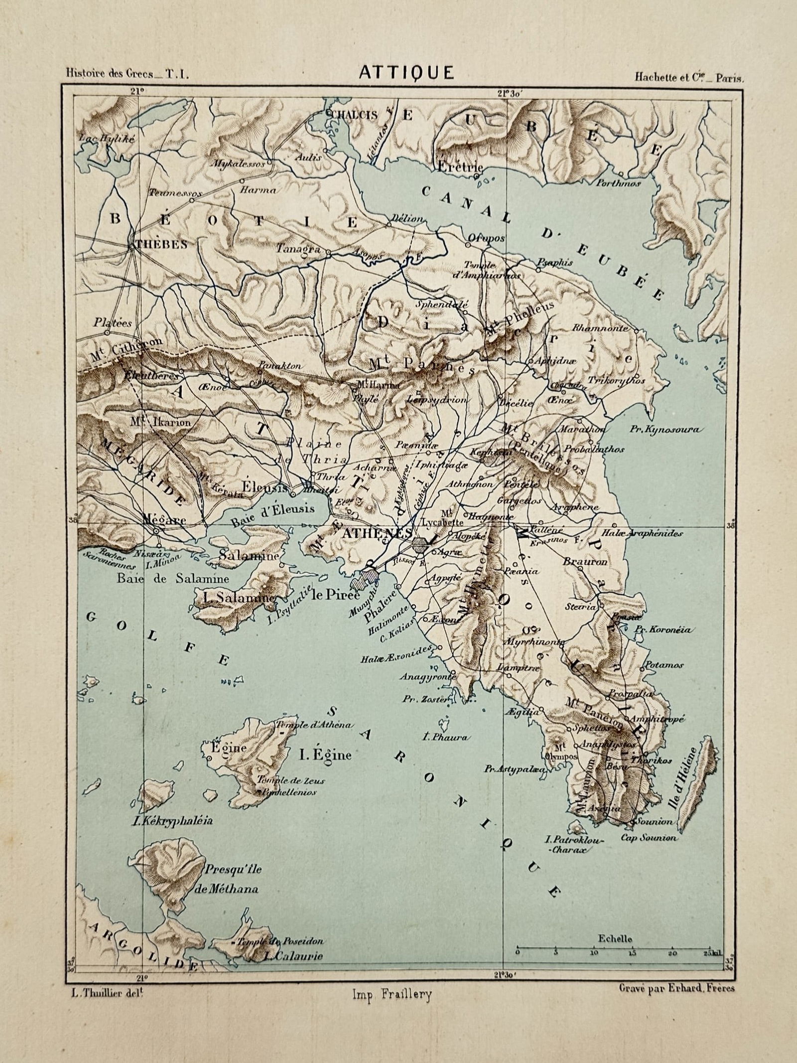 Louis Thuillier (1843–1907) – Map of Attica – Central Greece – Hand-coloured steel engraving: "Attique" provides a topographical and geographical map of the Attic peninsula, including the city of Athens, its surrounding mountains, and the coastline. This hand-coloured steel engraving was publi