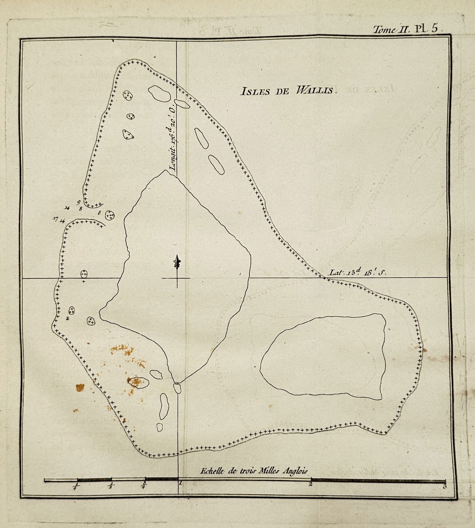 James Cook (1728–1779) – Map of the Wallis Islands – South Pacific Ocean – Engraving: "Isles de Wallis" provides a nautical and geographical chart of the Wallis Islands, showing the central landmasses surrounded by a defensive reef line. This engraving was published in Paris in 1773 as