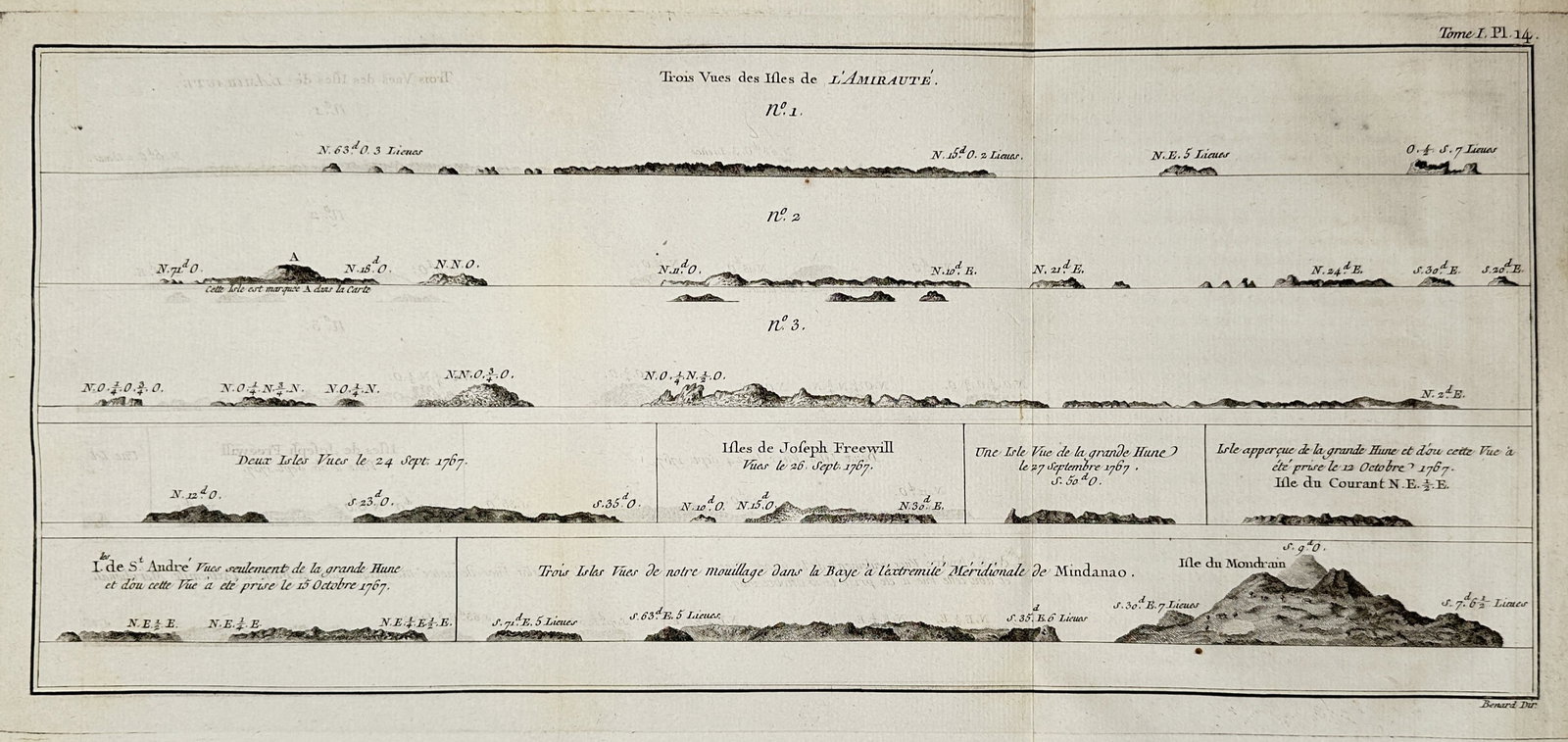 James Cook (1728–1779) – Three Views of the Admiralty Islands – Papua New Guinea – Engraving: "Trois Vües des Isles de L'Amirauté" presents several topographical profiles of the Admiralty Islands as seen from the sea, including specific views of Joseph Freewill Island and other landmasses ob