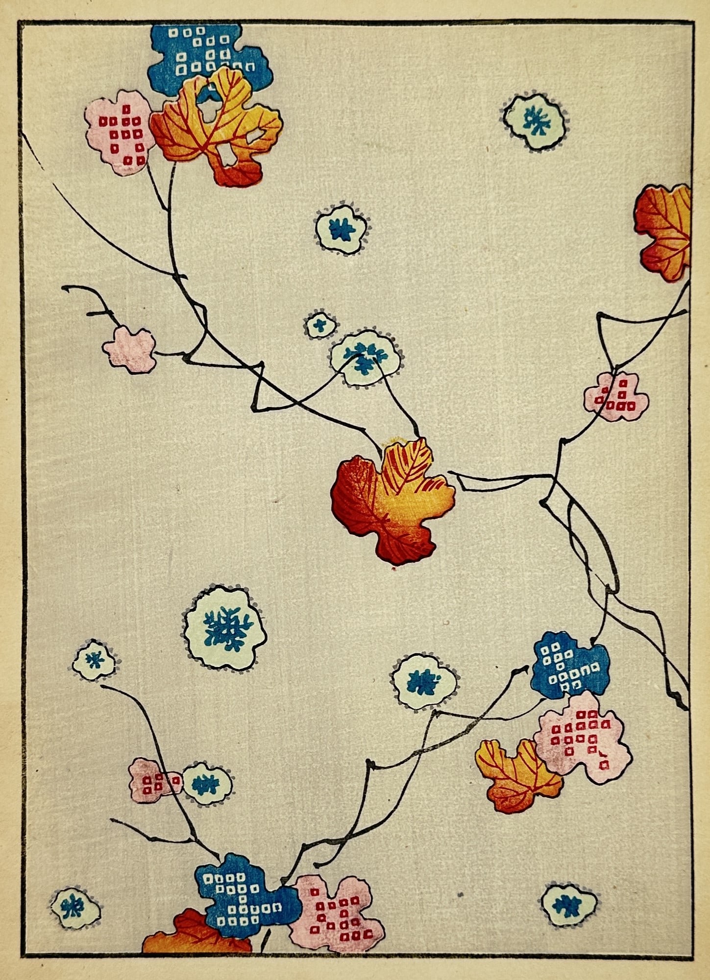 Japanese School (20th Century) – Floral Textile Design with Autumn Leaves – Woodcut (1 of 2)