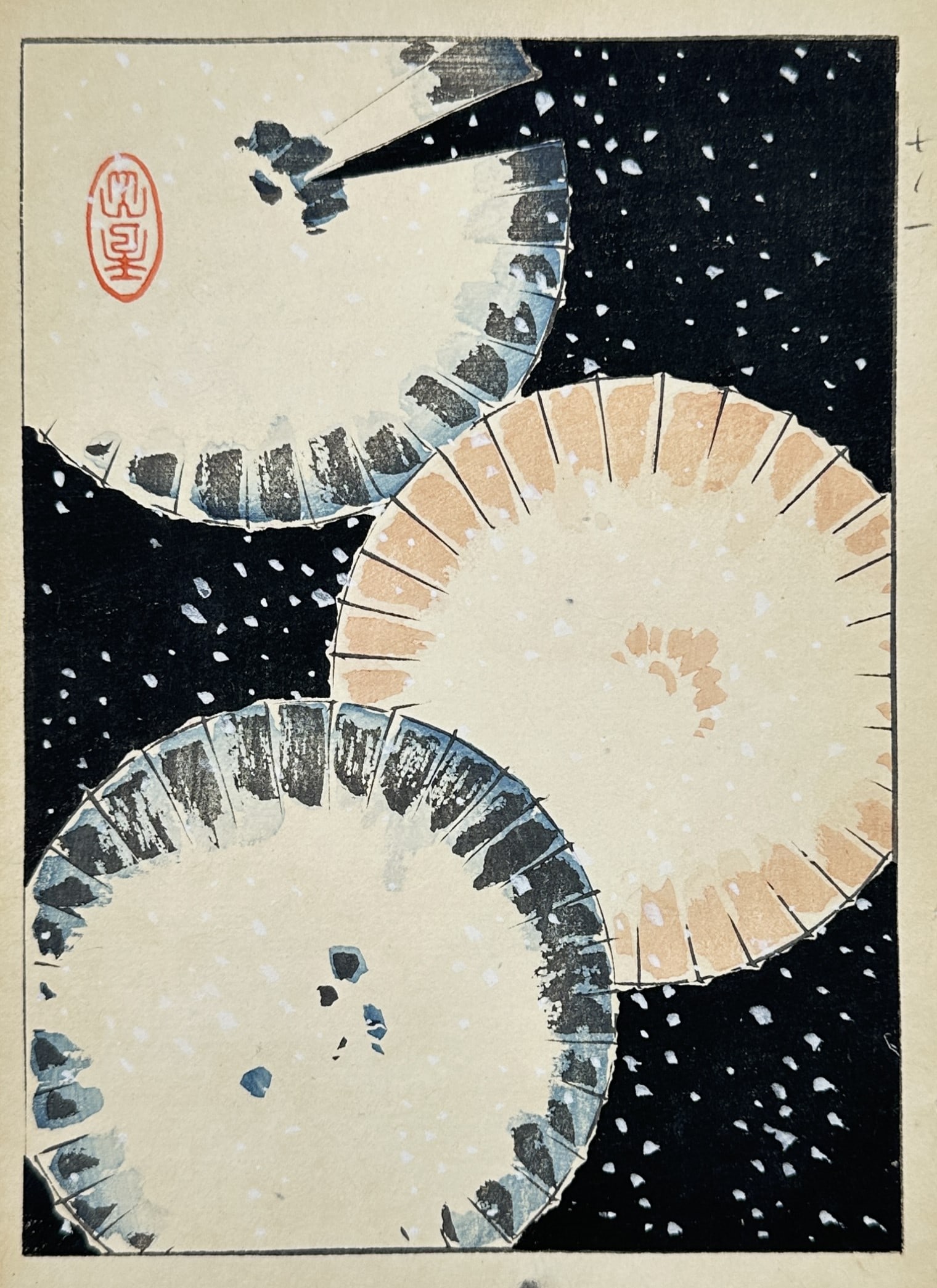 Japanese School (20th Century) – Three Parasols in the Rain – Woodcut (20th Century) (1 of 2)