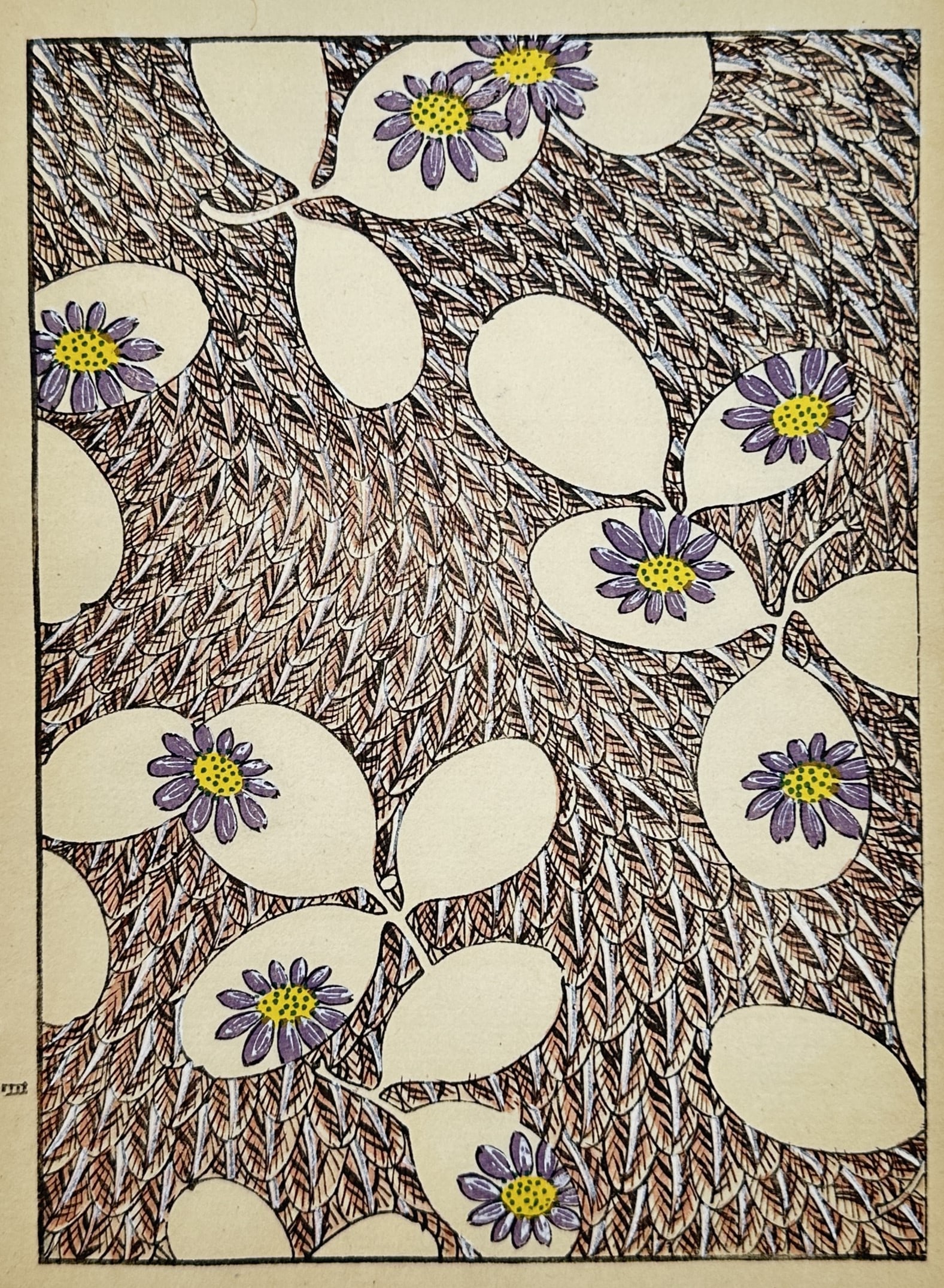 Japanese School (20th Century) – Floral Pattern with Purple Daisies and Leaf Texture – Woodcut (1 of 2)