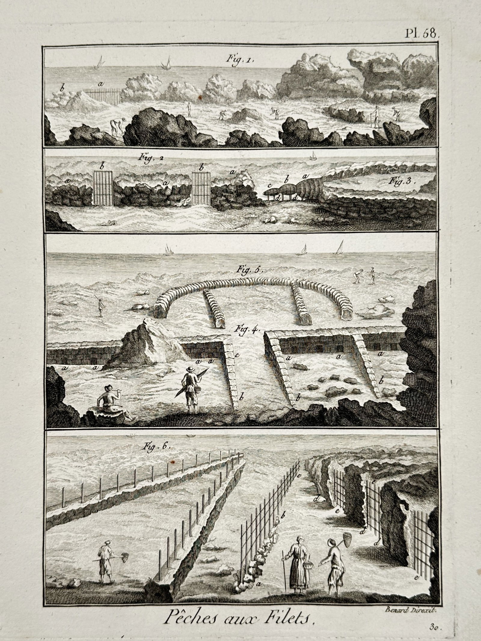 Robert Benard (1734–1777) – Technical Study of Coastal Fishing Structures – Copper engraving: "Pêches aux Filets" illustrates several large-scale stationary fishing structures and traps situated along a rocky coastline. The composition is divided into four horizontal panels showing various co