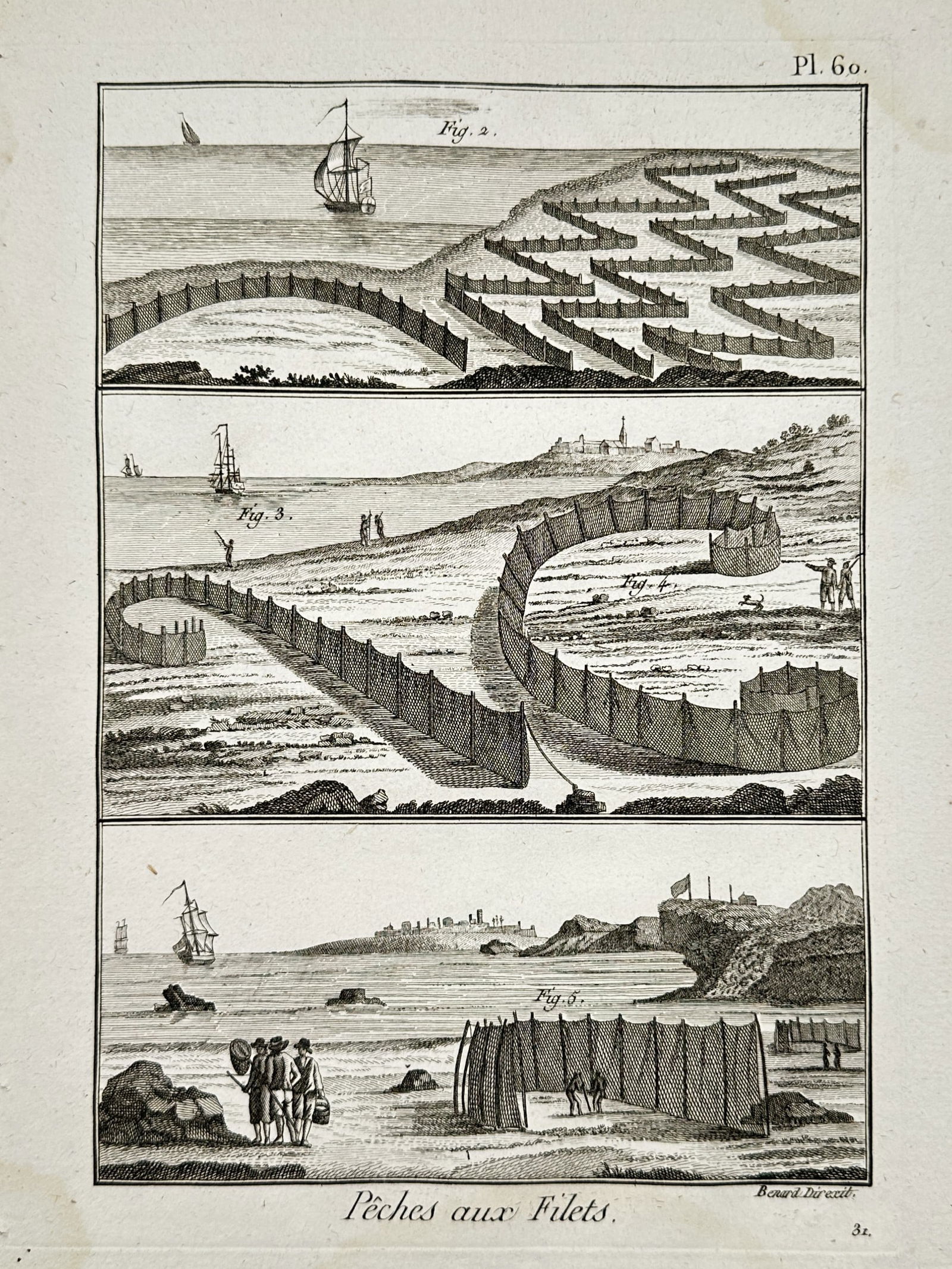 Robert Benard (1734–1777) – Various Methods of Net Fishing – Copper engraving: "Pêches aux Filets" illustrates three distinct coastal scenes demonstrating the use of large fishing nets in 18th-century maritime practice. The upper panel shows a complex zigzag net formation ancho