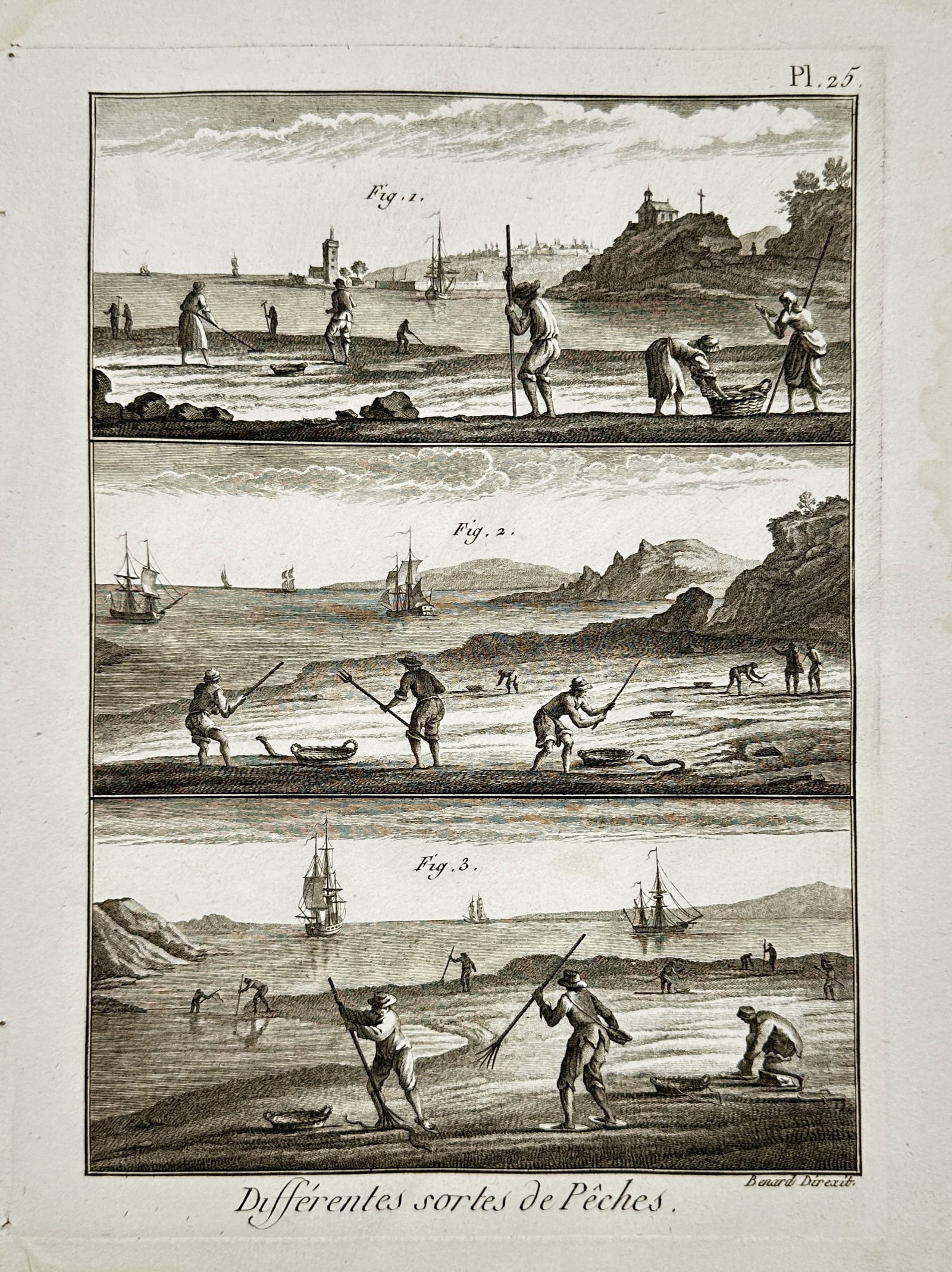 Robert Benard (1734–1777) – Various Types of Coastal Fishing – Copper engraving: "Différentes sortes de Pêches" illustrates three distinct coastal scenes showcasing manual fishing techniques used in the 18th century. The upper panel depicts figures on a shoreline using small han