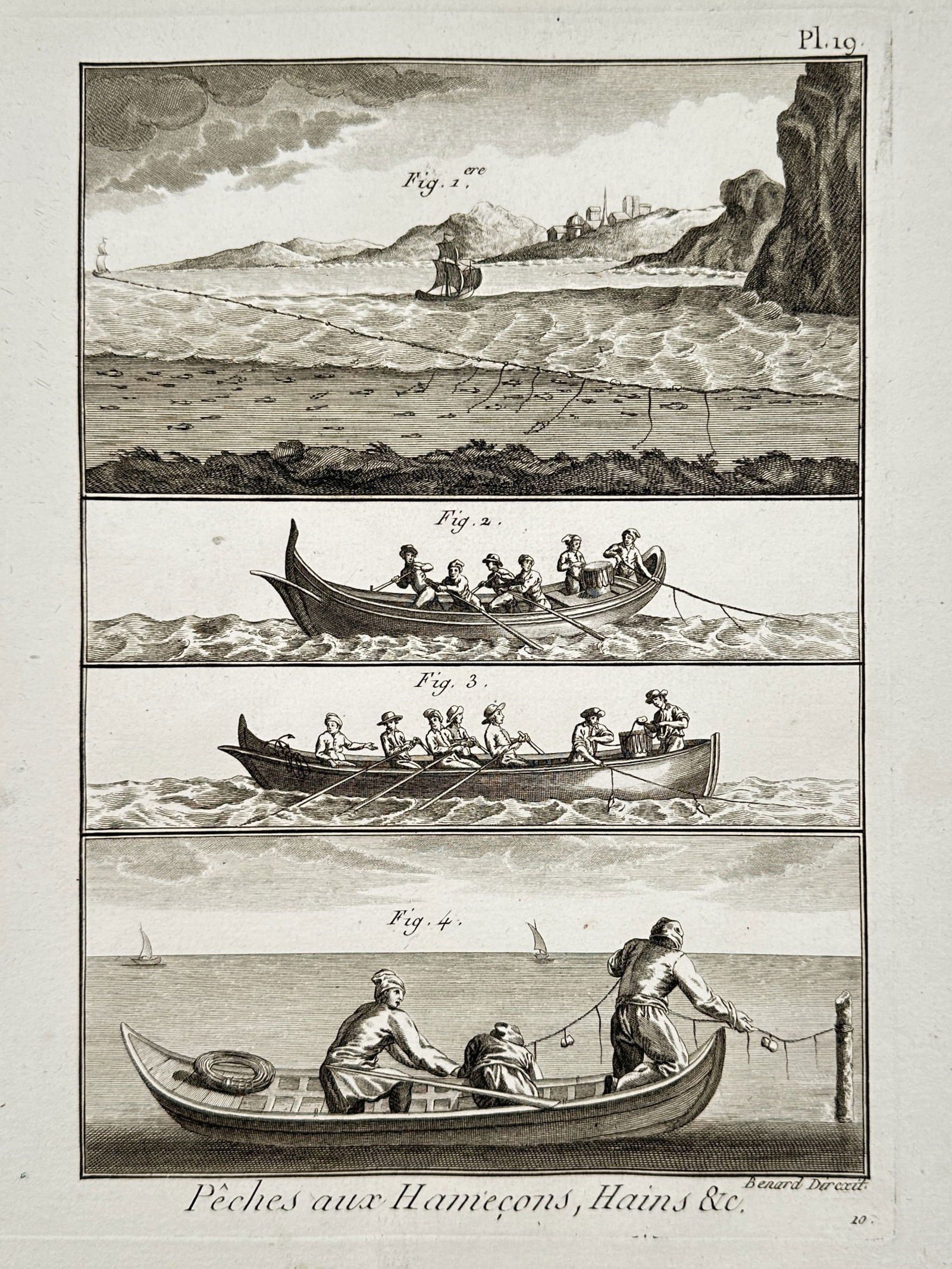 Robert Benard (1734–1777) – Boat-Based Hook and Line Fishing Techniques – Copper engraving: "Pêches aux Hameçons, Hains &c." illustrates four maritime scenes depicting the use of specialized fishing lines from small vessels. The upper panel shows a longline extending across a bay with a sa