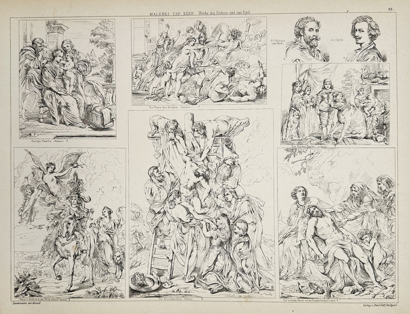Paul Neff (1880) – Selected Works of Rubens and van Dyck – Lithograph (1880): "Werke des Rubens und van Dyck" provides a systematic gallery of eight notable Baroque compositions, including "The Descent from the Cross" and "The Holy Family," as well as portraits of Peter Paul Ru