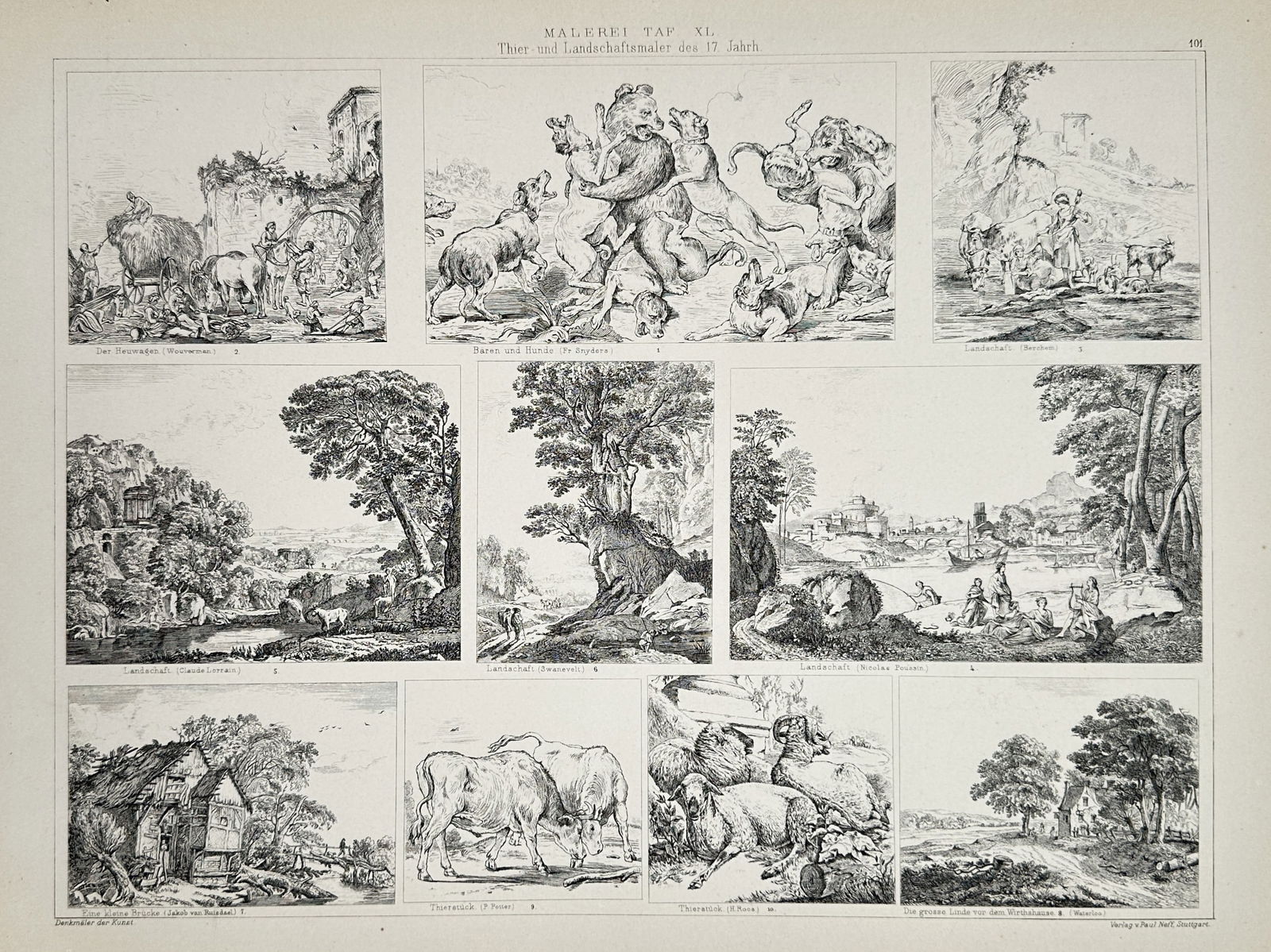 Paul Neff (1880) – Animal and Landscape Painters of the 17th Century – Lithograph (1880): "Thier- und Landschaftsmaler des 17. Jahrh." provides a systematic gallery of ten notable compositions by European masters of the seventeenth century, including works such as "The Hay Wagon," "Bear an