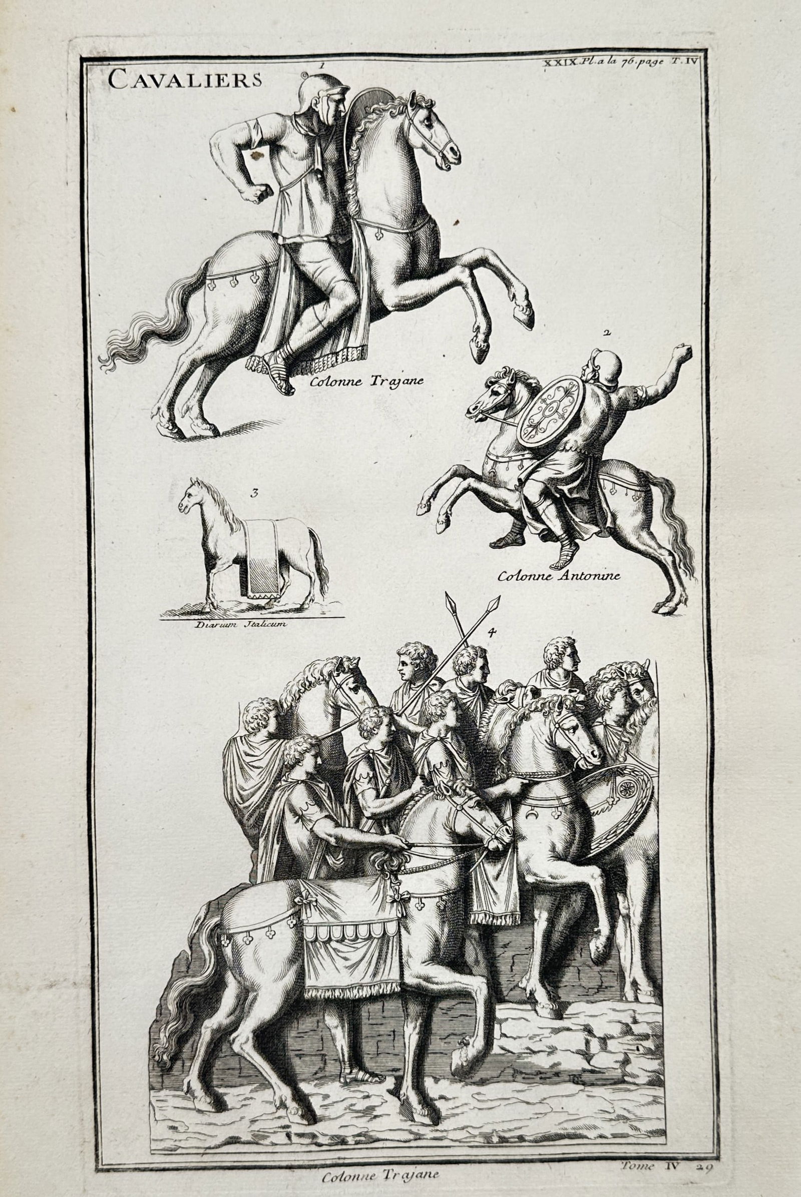 Bernard de Montfaucon (1655–1741) – Historical Study of Roman Cavalry – Copper engraving (1 of 2)