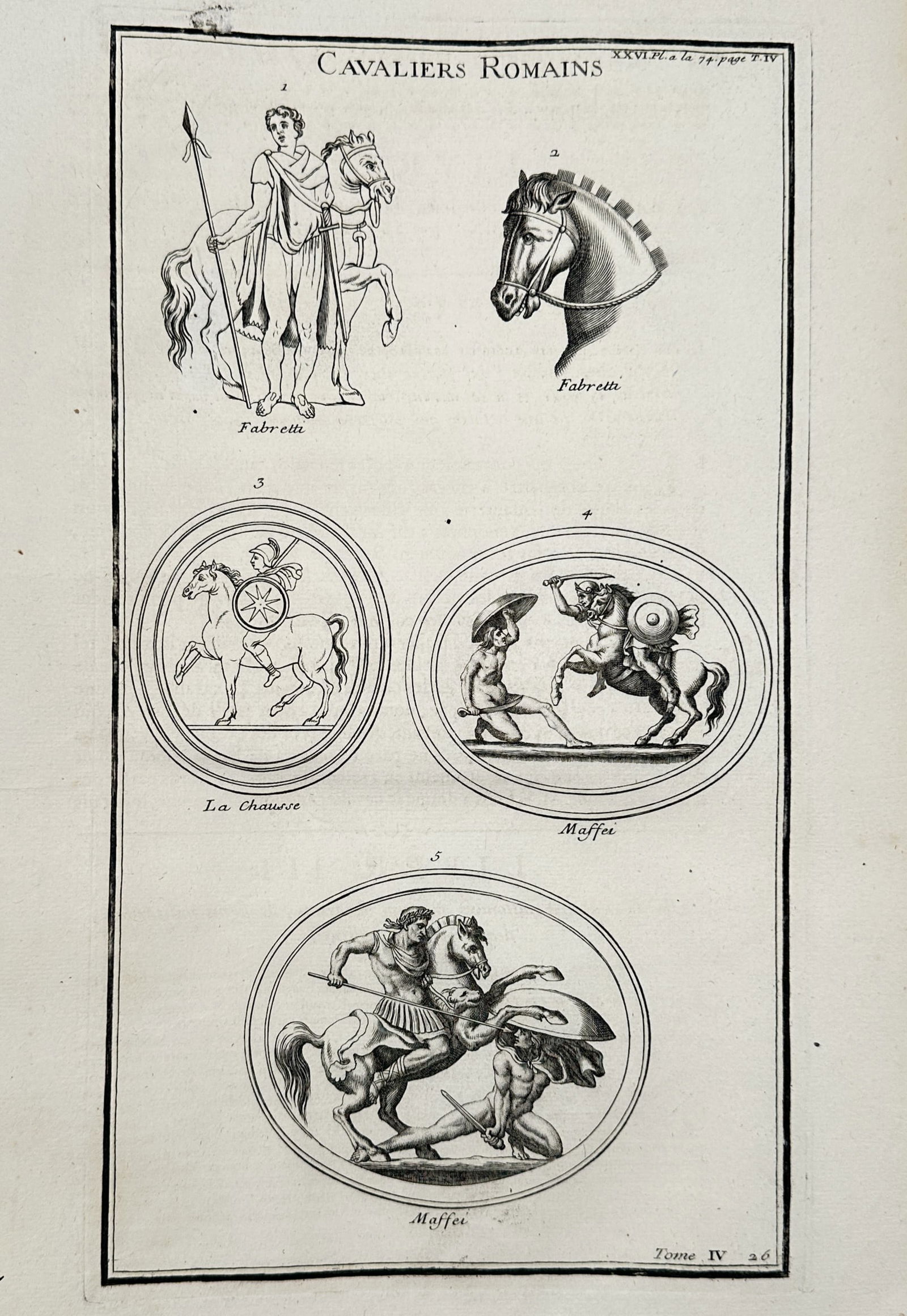 Bernard de Montfaucon (1655–1741) – Historical Study of Roman Cavalry and Medallions: Cavaliers Romains illustrates five distinct representations of Roman equestrian figures and military scenes. The upper section features a standing soldier holding a spear next to his horse and a detai