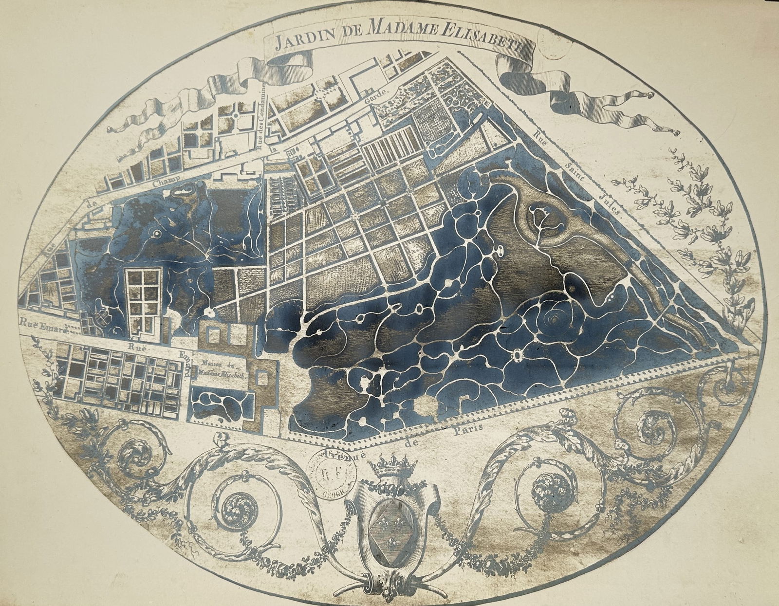 Jean-Jacques Huvé (1742–1808) – Plan of the Garden of Madame Élisabeth – France: "Jardin de Madame Élisabeth" illustrates the landscape design of the estate at Versailles belonging to Élisabeth of France, sister of King Louis XVI. The oval-shaped plan features the formal gardens