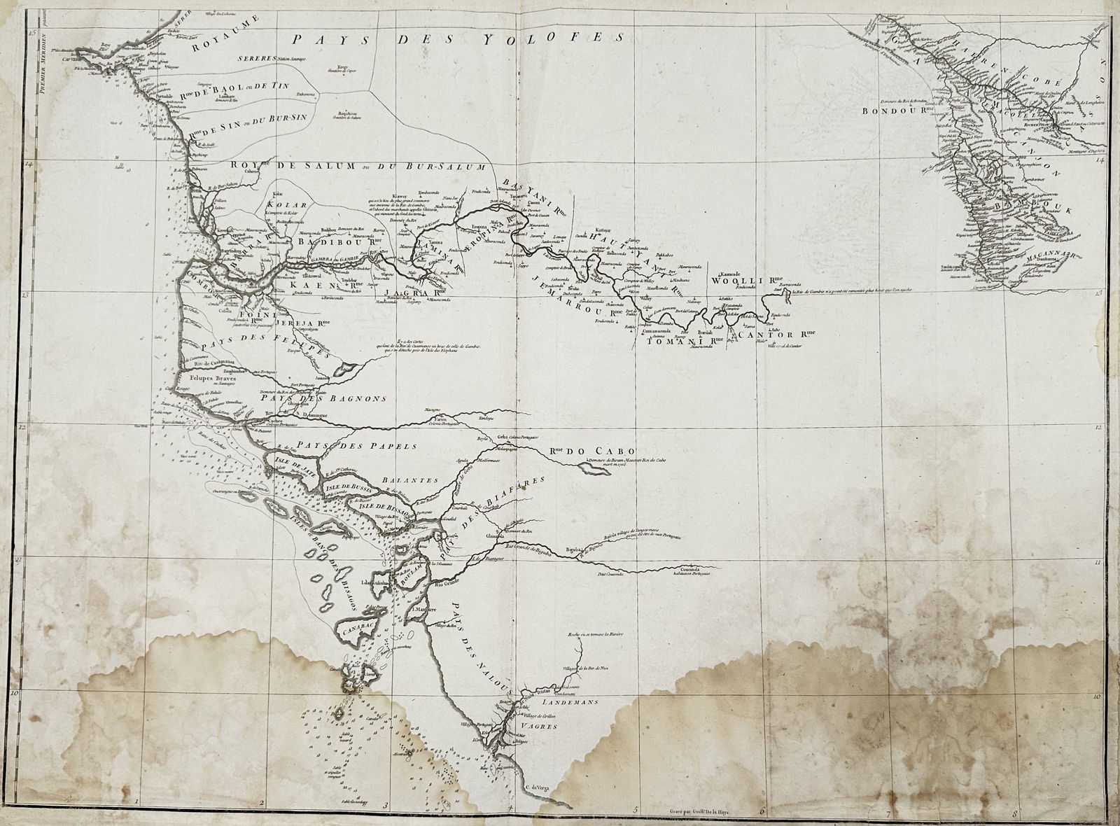 Franz Anton Schraembl (1751–1803) – Map of the Course of the Senegal River – West Africa: "Cours de la Riviere de Sanaga ou du Senegal" illustrates the hydrography and tribal territories of West Africa, specifically the region of modern-day Senegal and Gambia. The map features the winding