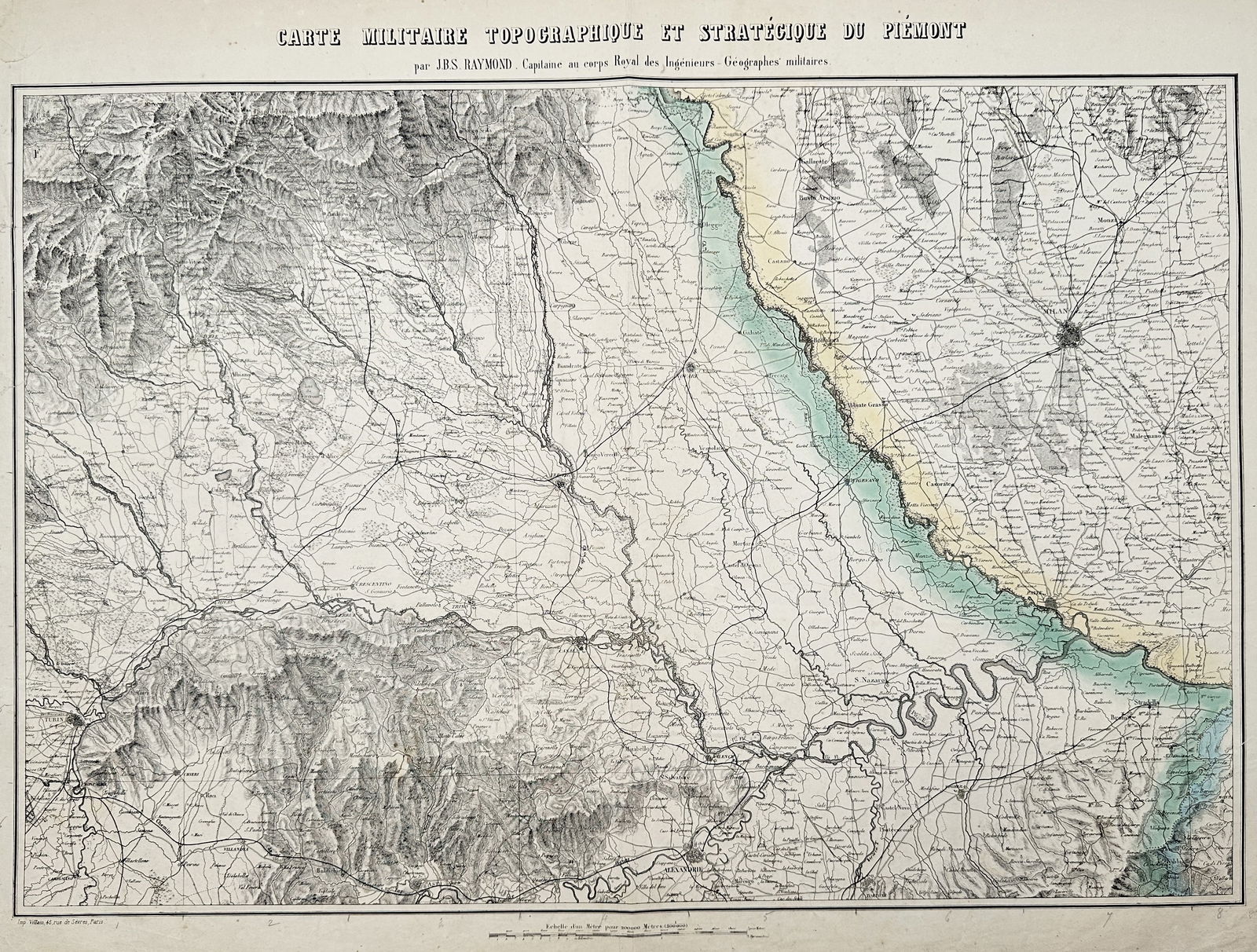 Jean-Baptiste-Saul Raymond – Military Topographical and Strategic Map of Piedmont – Italy: "Carte Militaire Topographique et Stratégique du Piémont" illustrates the complex alpine terrain and strategic corridors of northwestern Italy. The map features a highly detailed rendering of the Po
