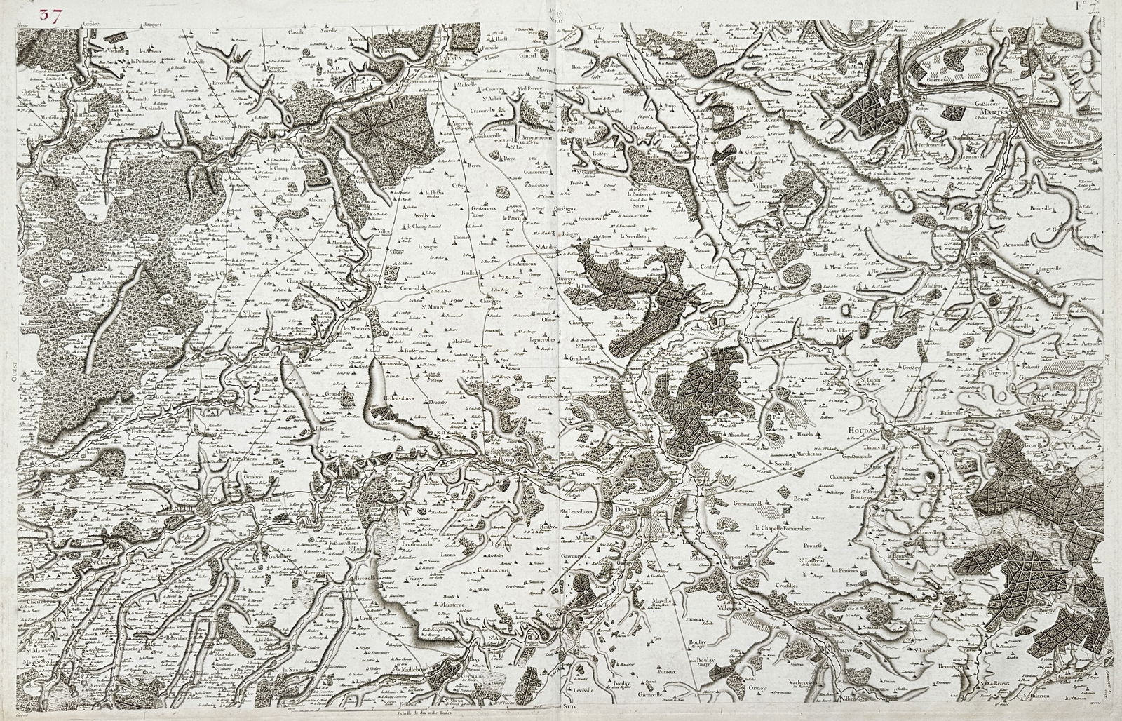 César-François Cassini – Map of the Region Northwest of Paris featuring Houdan and: "Carte de France" illustrates a highly detailed segment of the first scientific map of the entire kingdom of France, based on extensive geodetic triangulation. This specific sheet depicts the rural an