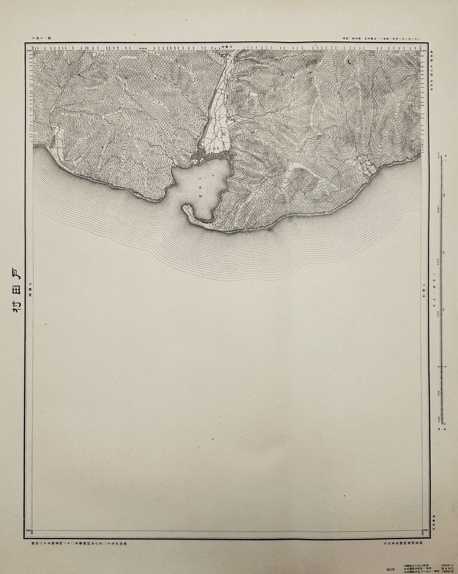 Geospatial Information Authority of Japan (GSI) – Topographical Map of the Tota Village Region: "Tota-mura" illustrates the coastal topography and mountainous terrain of a specific seaside district in Japan. The map features a stark contrast between the vast, open expanse of the sea and the dens