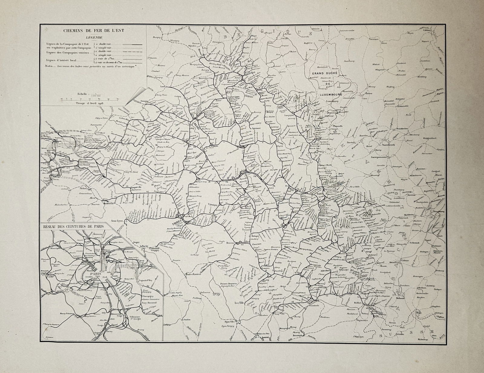 Napoléon Chaix (1807–1865) – Map of the Eastern Railway Lines and Paris Belt Network: "Chemins de Fer de l'Est" illustrates the extensive rail infrastructure of eastern France, extending from Paris toward the borders of Luxembourg and Germany. The map features a dense network of primar