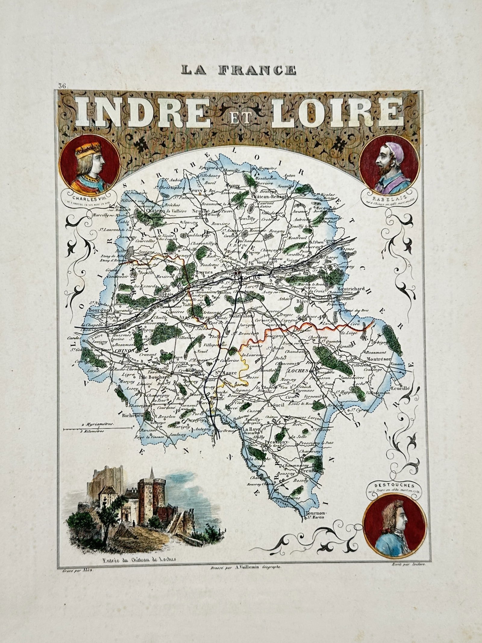 Alexandre Vuillemin (1812–1880) – Map of the Department of Indre-et-Loire – France: "Indre et Loire" illustrates the central French department known for its historic châteaux and the confluence of the Loire and Indre rivers. The map features hand-coloured administrative boundaries a