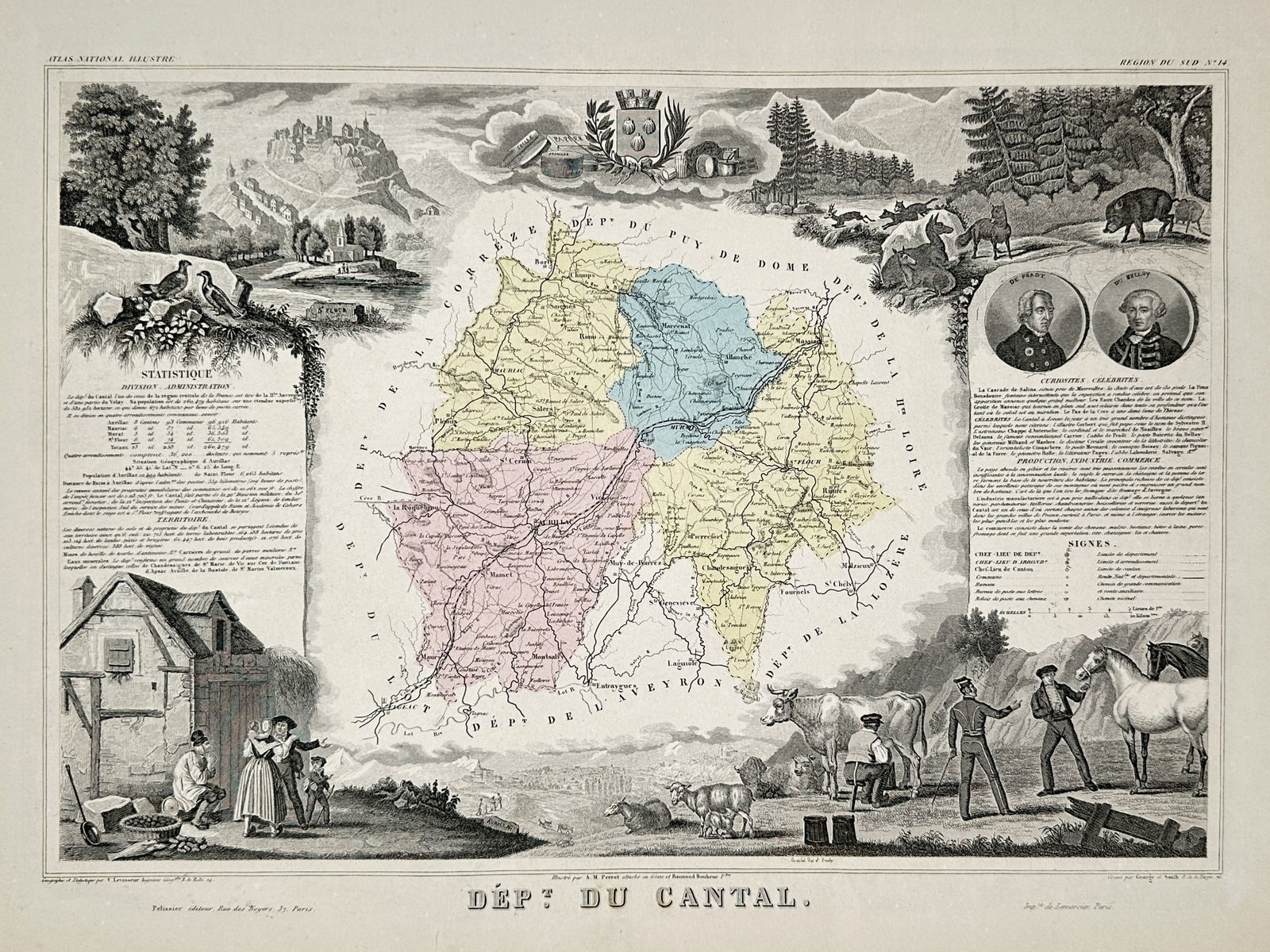 Victor Levasseur (1800–1870) – Map of the Department of Cantal – France: "Dépt. du Cantal" illustrates the administrative and geographical features of the department in south-central France, with its four arrondissements distinguished by delicate hand-coloured washes in y